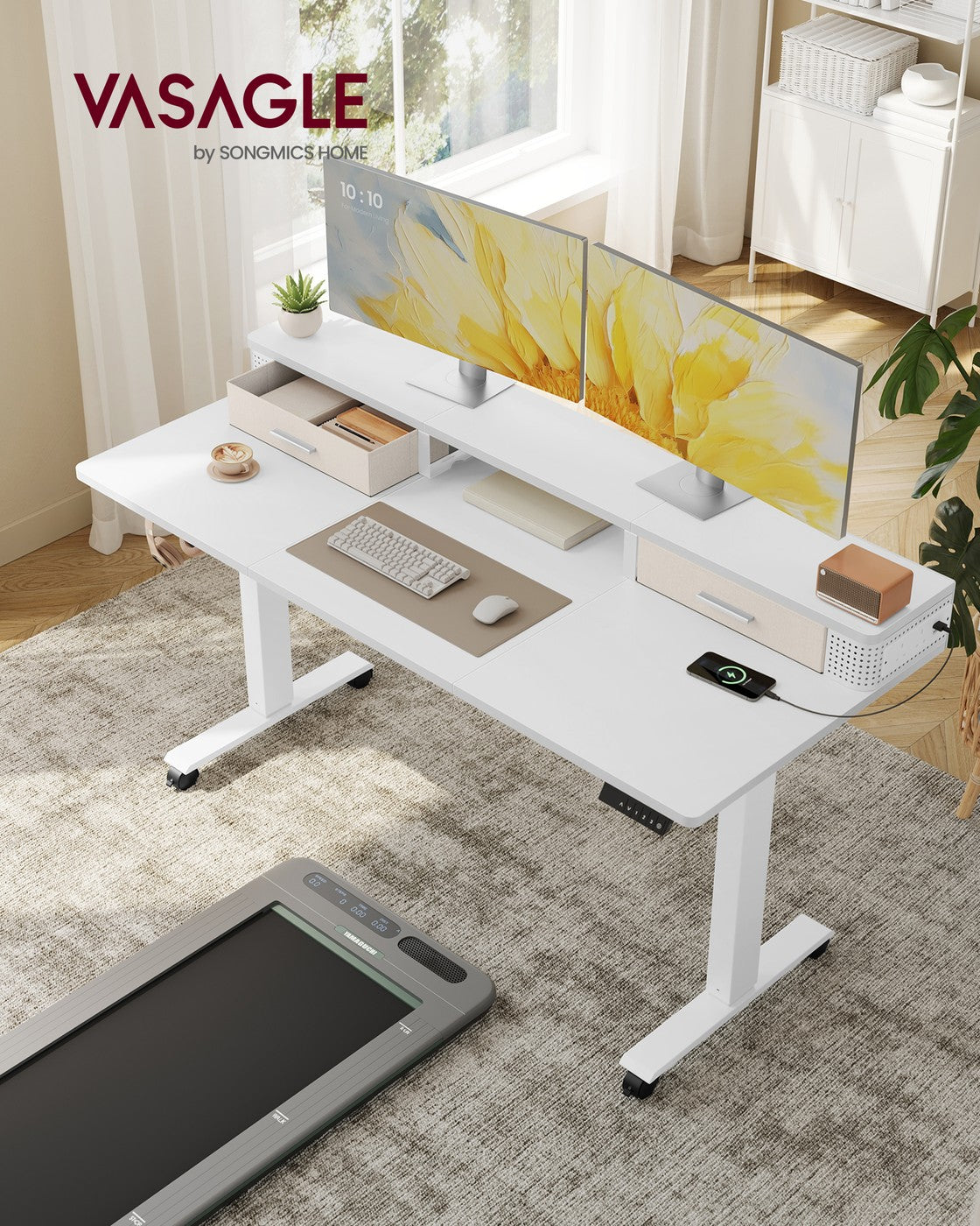 Electric Standing Desk – Wood – Cloud White – Adjustable Height with Built-In Power Strip and Memory Function