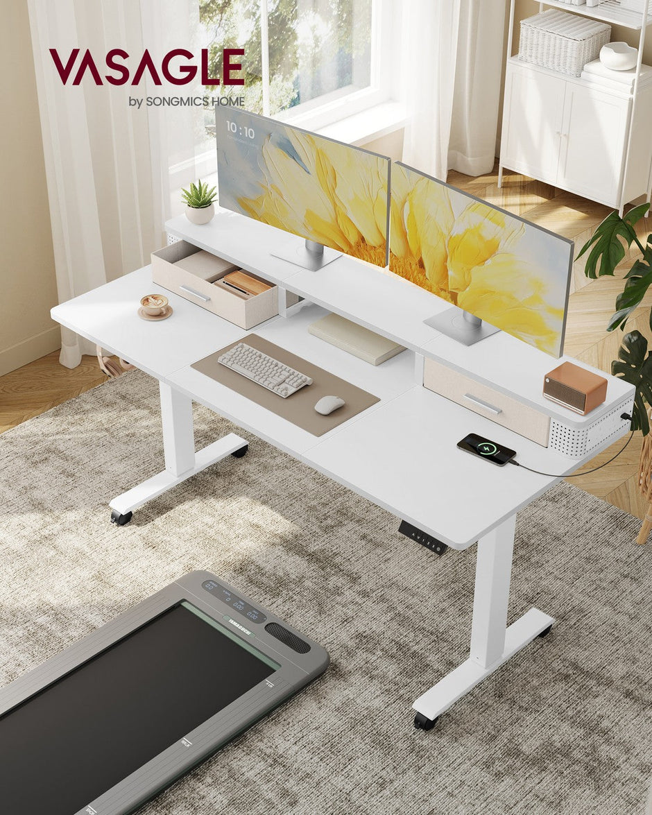 Electric Standing Desk – Wood – Cloud White – Adjustable Height with Built-In Power Strip and Memory Function