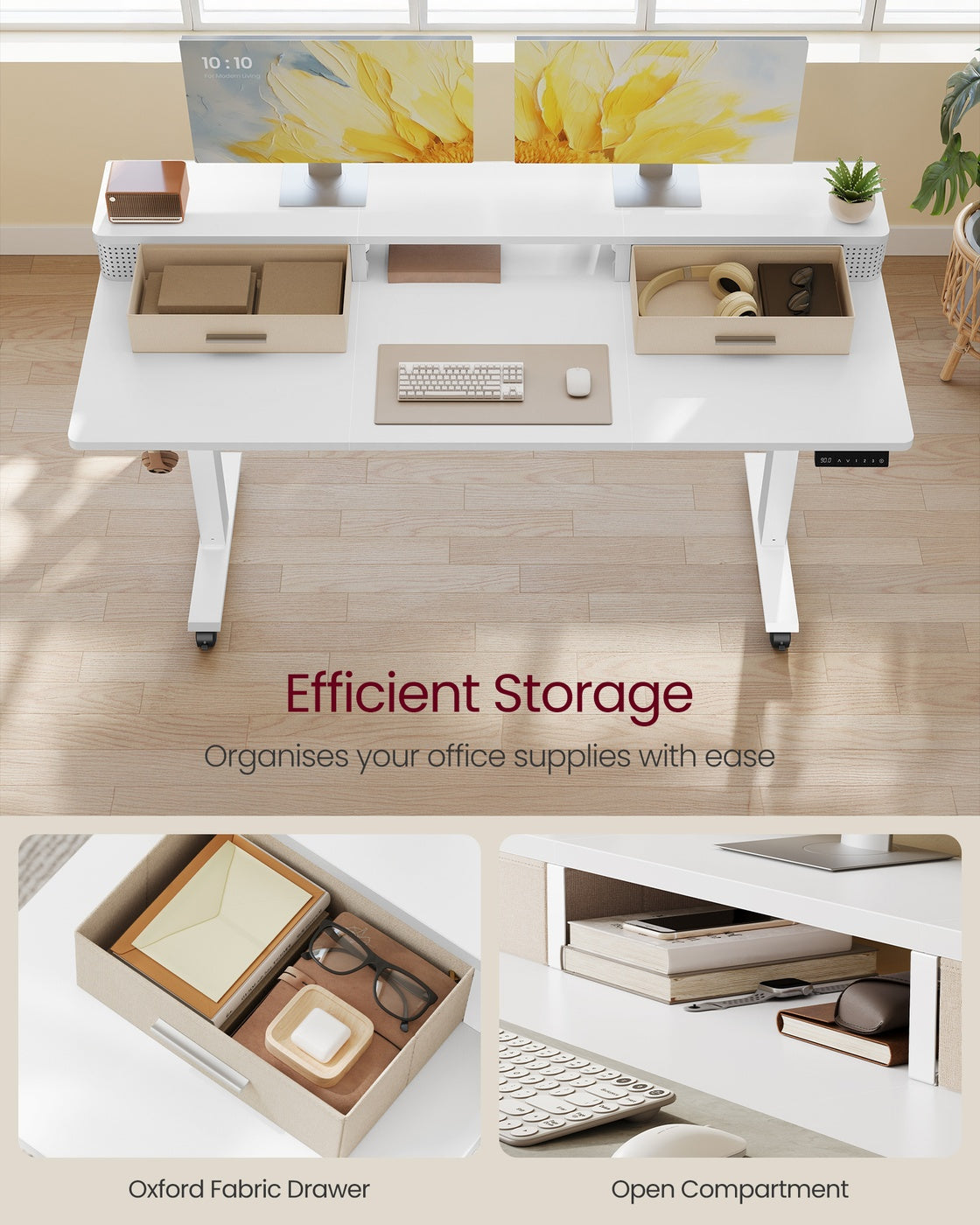 Electric Standing Desk – Wood – Cloud White – Adjustable Height with Built-In Power Strip and Memory Function