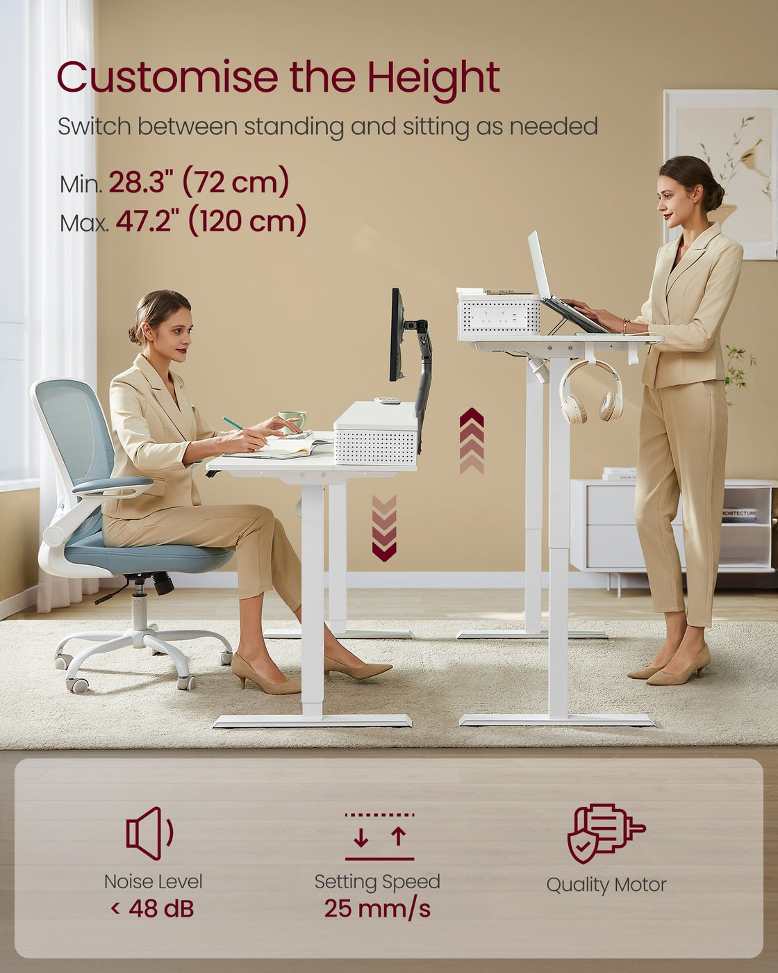 Electric Standing Desk – Wood – Cloud White – Adjustable Height with Built-In Power Strip and Memory Function