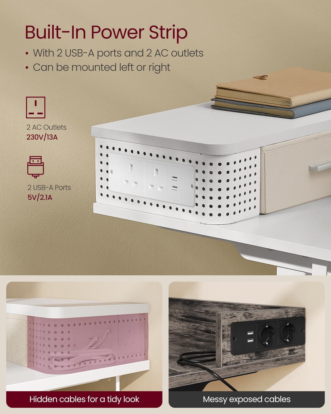 Electric Standing Desk – Wood – Cloud White – Adjustable Height with Built-In Power Strip and Memory Function