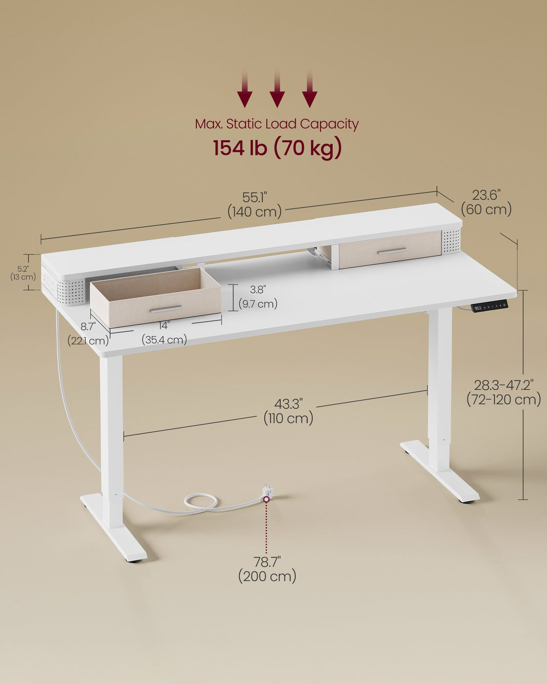 Electric Standing Desk – Wood – Cloud White – Adjustable Height with Built-In Power Strip and Memory Function