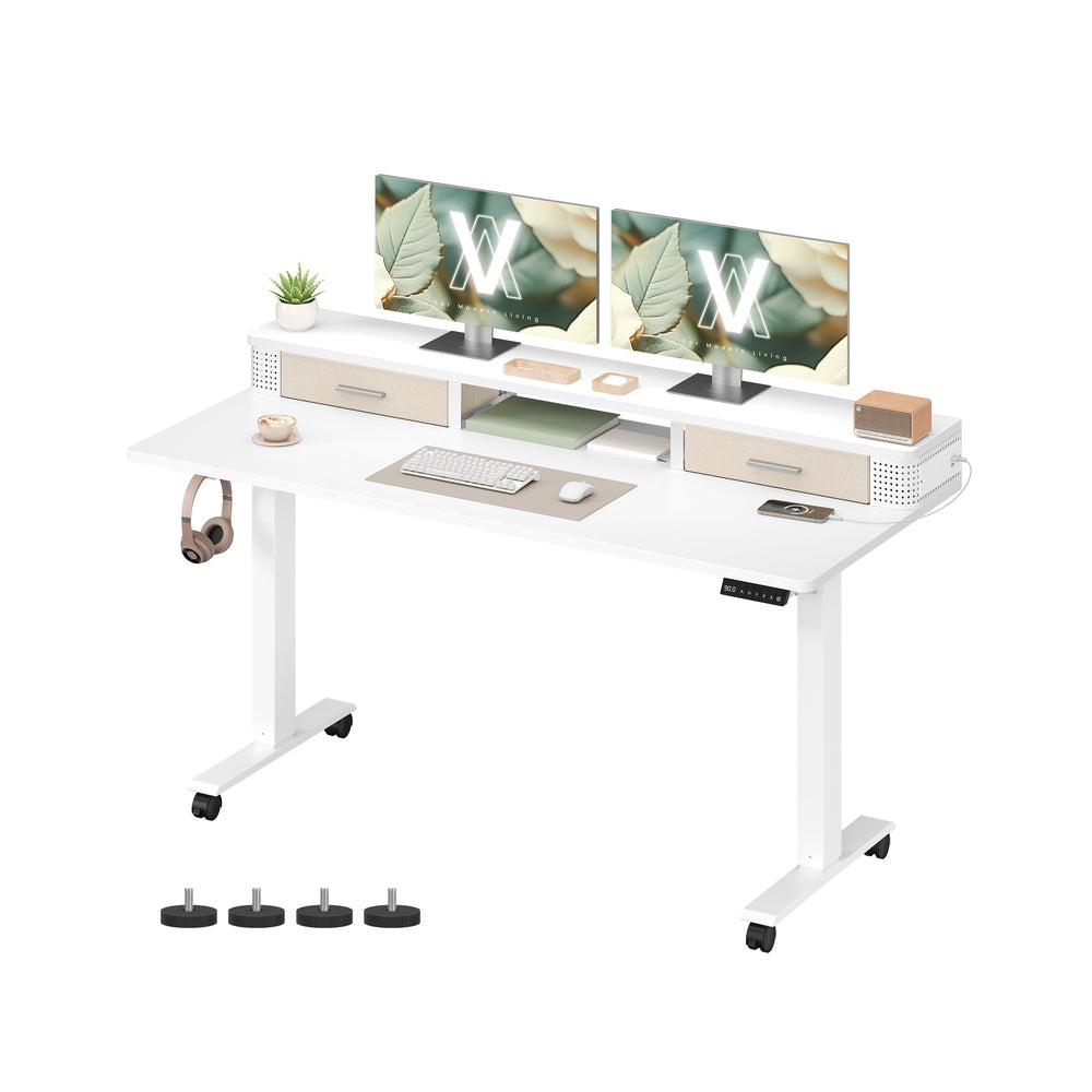 Electric Standing Desk – Wood – Cloud White – Adjustable Height with Built-In Power Strip and Memory Function