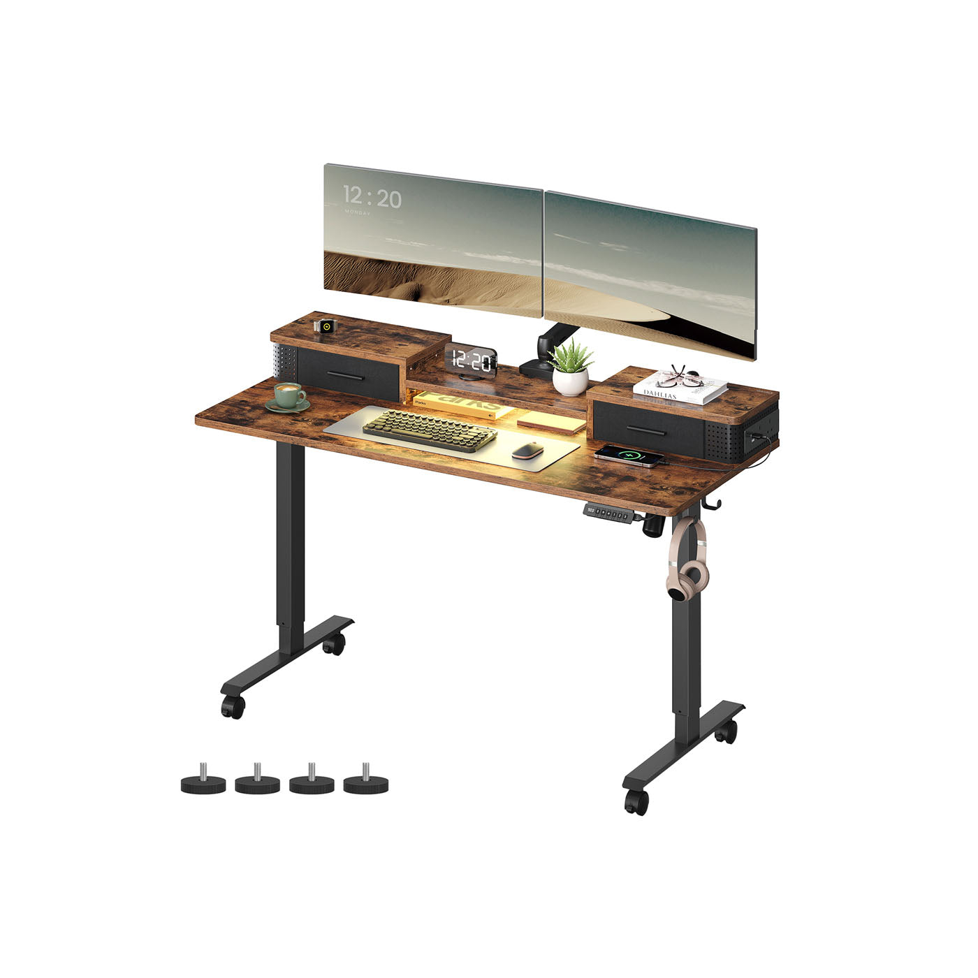 Electric Standing Desk – Engineered Wood – Rustic Brown – Adjustable Height with Built-In Power Strip and Memory Function