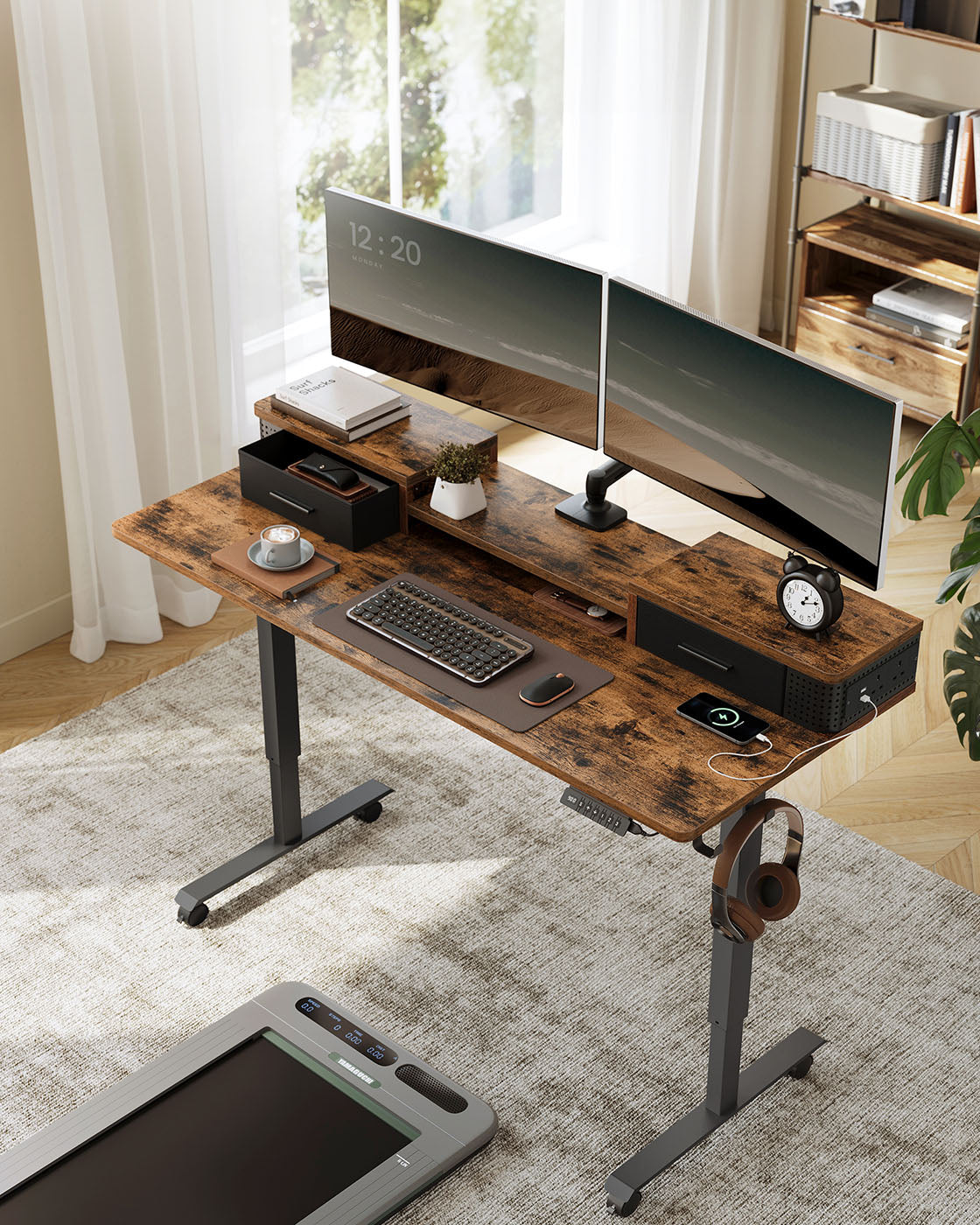 Electric Standing Desk – Engineered Wood – Rustic Brown – Adjustable Height with Built-In Power Strip and Memory Function
