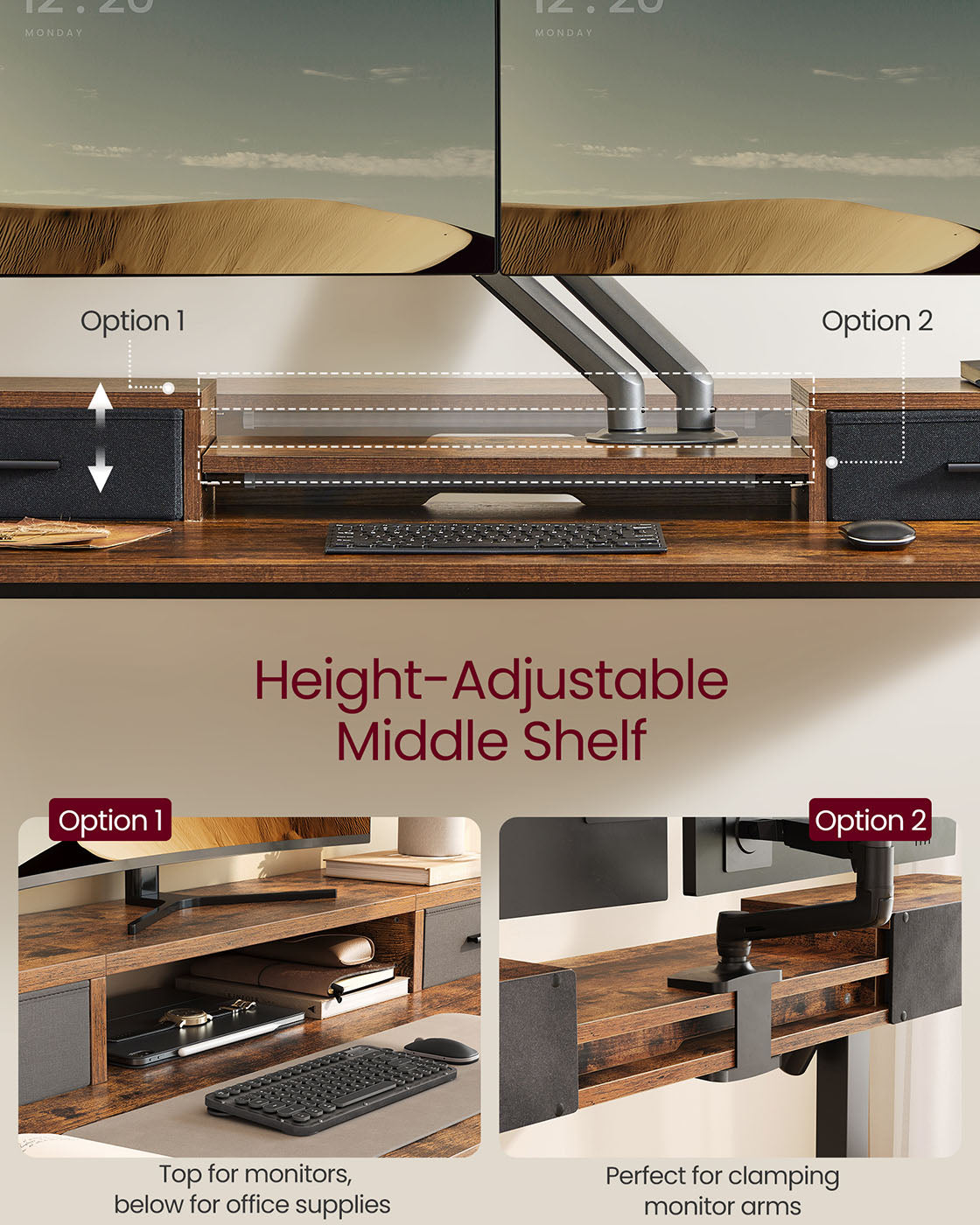 Electric Standing Desk – Engineered Wood – Rustic Brown – Adjustable Height with Built-In Power Strip and Memory Function