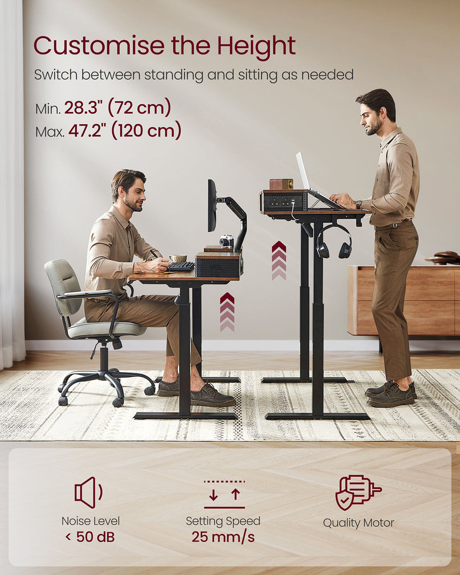 Electric Standing Desk – Engineered Wood – Rustic Brown – Adjustable Height with Built-In Power Strip and Memory Function