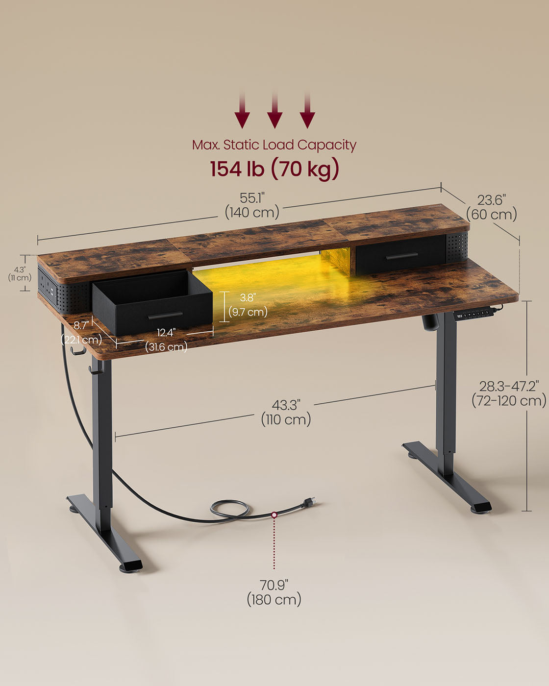 Electric Standing Desk – Engineered Wood – Rustic Brown – Adjustable Height with Built-In Power Strip and Memory Function