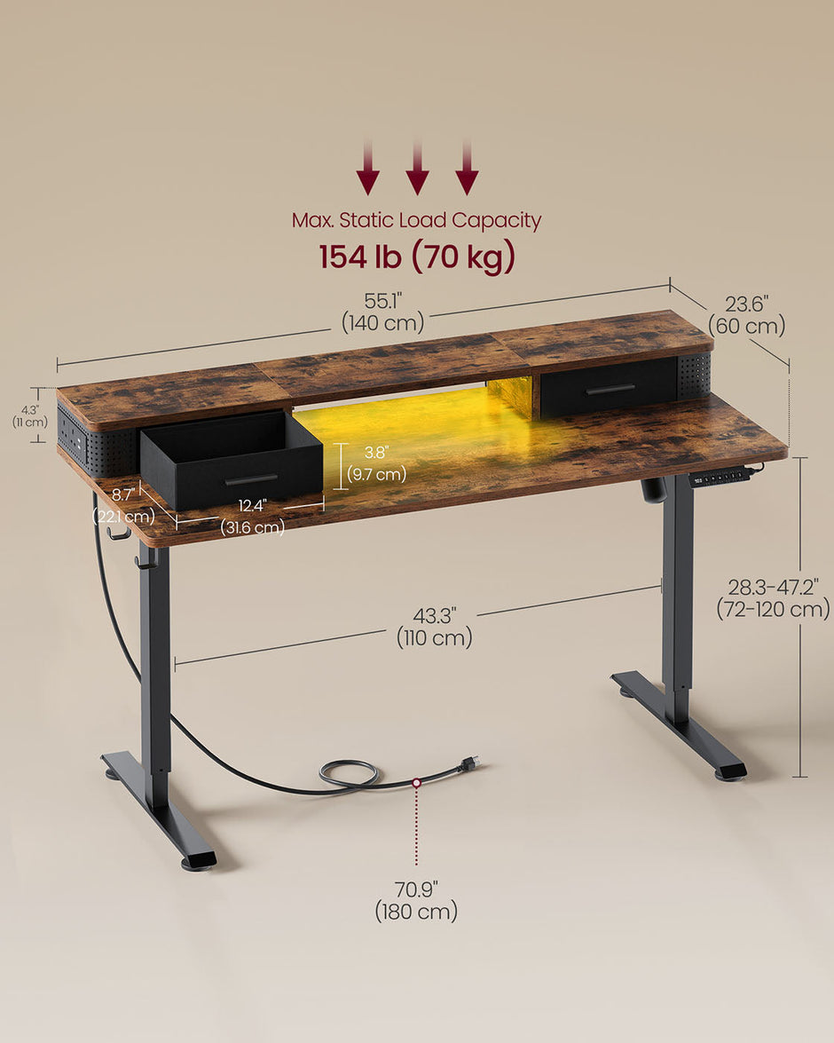 Electric Standing Desk – Engineered Wood – Rustic Brown – Adjustable Height with Built-In Power Strip and Memory Function