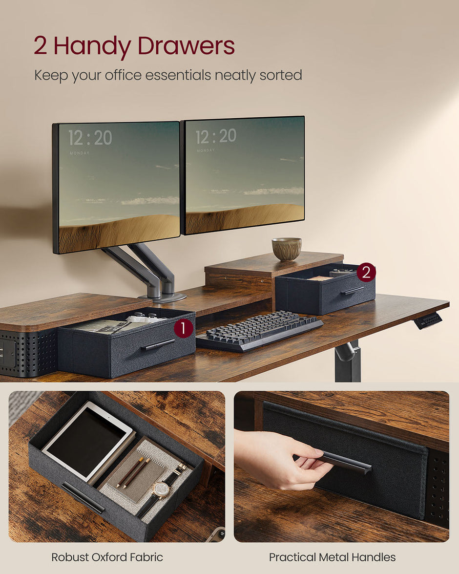 Electric Standing Desk – Engineered Wood – Rustic Brown – Adjustable Height with Built-In Power Strip and Memory Function