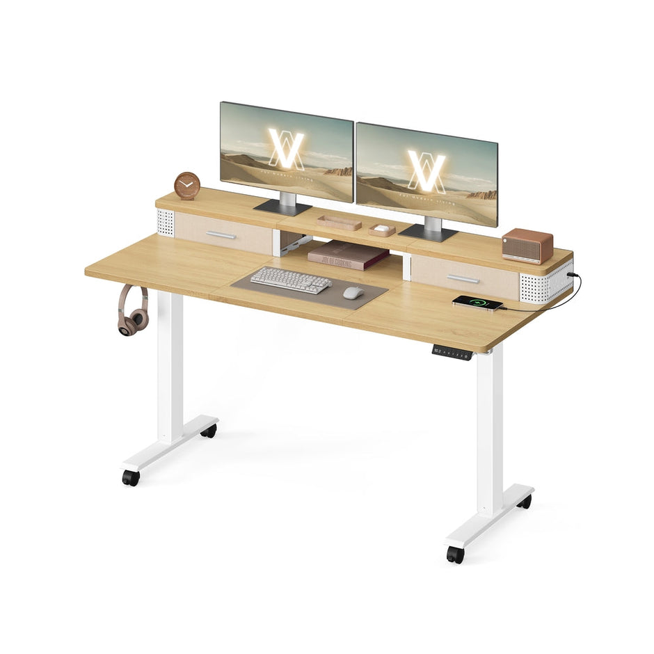 Electric Standing Desk – Engineered Wood – Straw Yellow – Adjustable Height with Built-In Power Strip and Memory Function