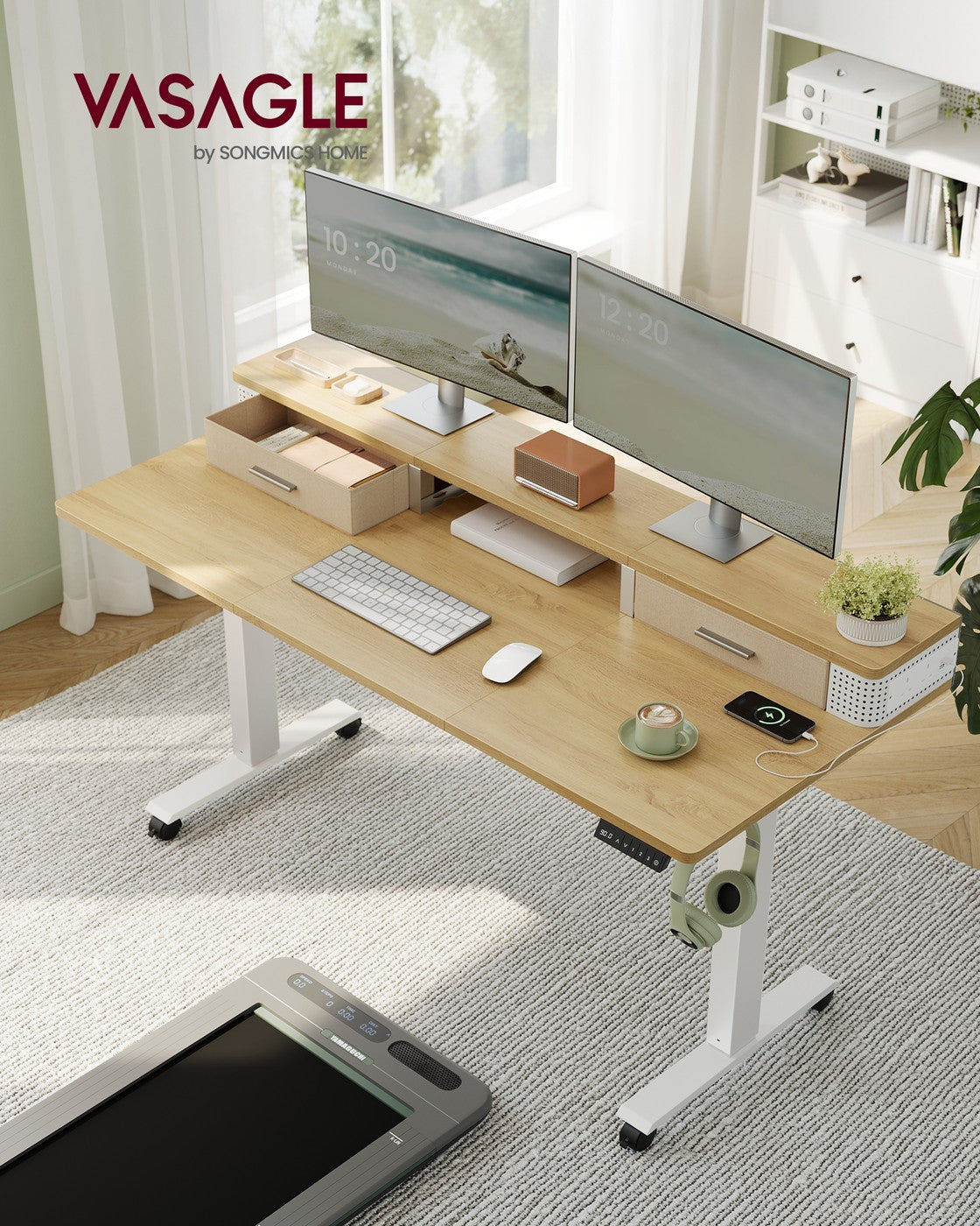 Electric Standing Desk – Engineered Wood – Straw Yellow – Adjustable Height with Built-In Power Strip and Memory Function