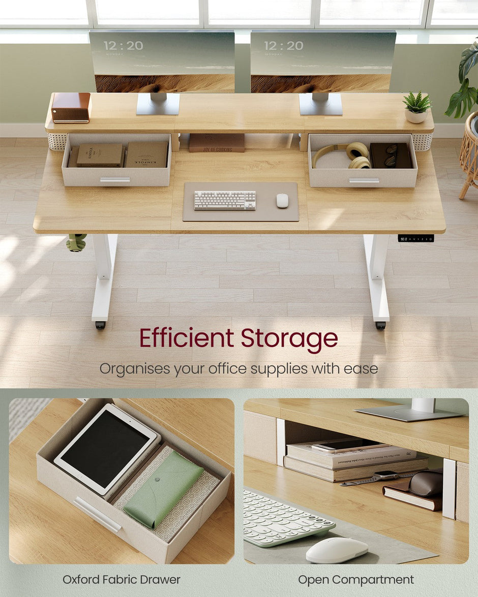 Electric Standing Desk – Engineered Wood – Straw Yellow – Adjustable Height with Built-In Power Strip and Memory Function