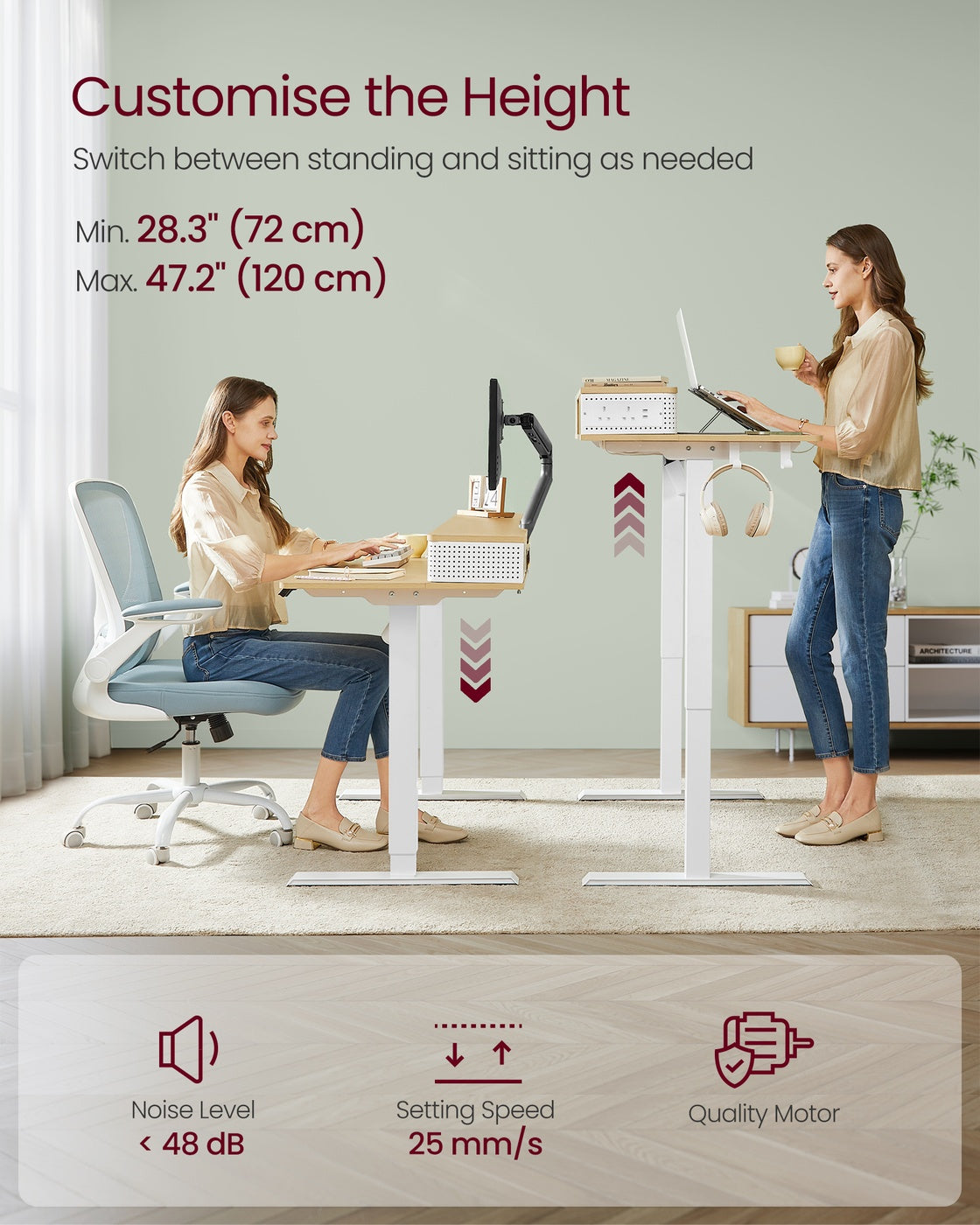 Electric Standing Desk – Engineered Wood – Straw Yellow – Adjustable Height with Built-In Power Strip and Memory Function