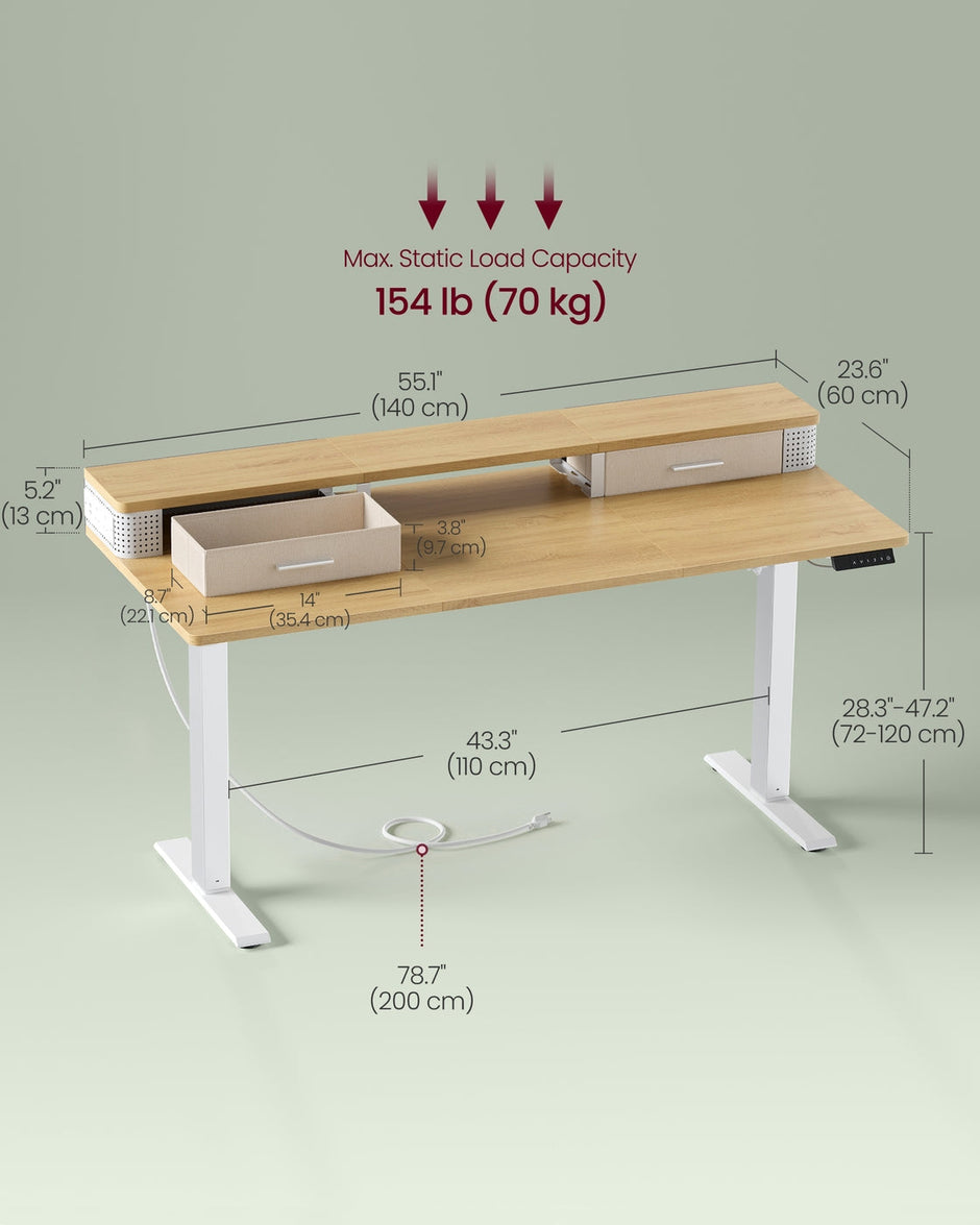 Electric Standing Desk – Engineered Wood – Straw Yellow – Adjustable Height with Built-In Power Strip and Memory Function