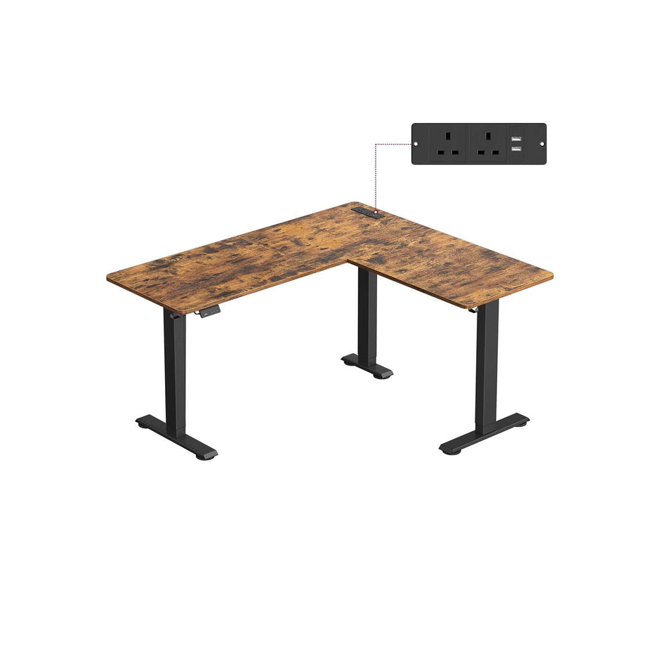 L-Shaped Electric Desk – Wood – Rustic Brown and Ink Black – Height-Adjustable with Charging Station and Memory Function