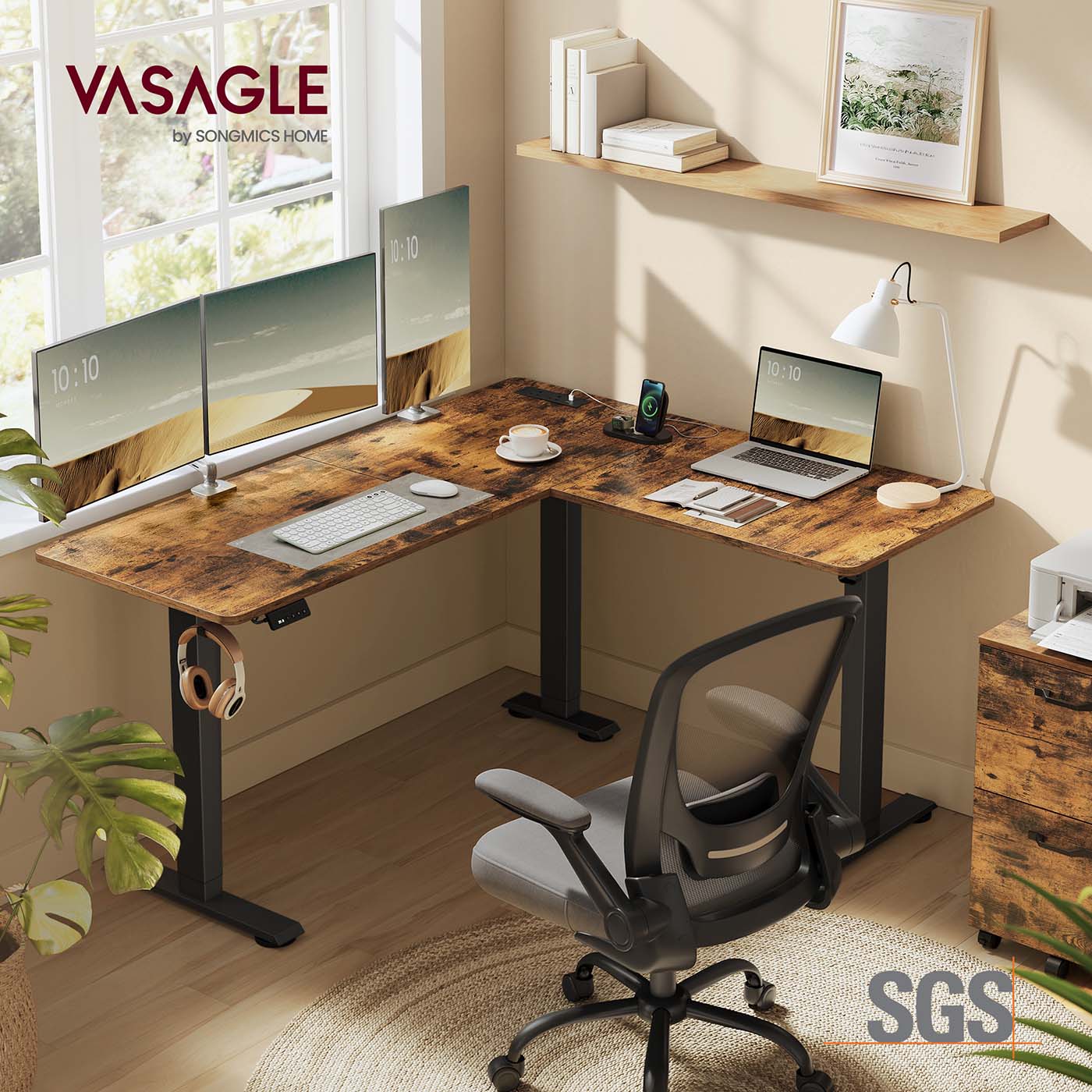 L-Shaped Electric Desk – Wood – Rustic Brown and Ink Black – Height-Adjustable with Charging Station and Memory Function