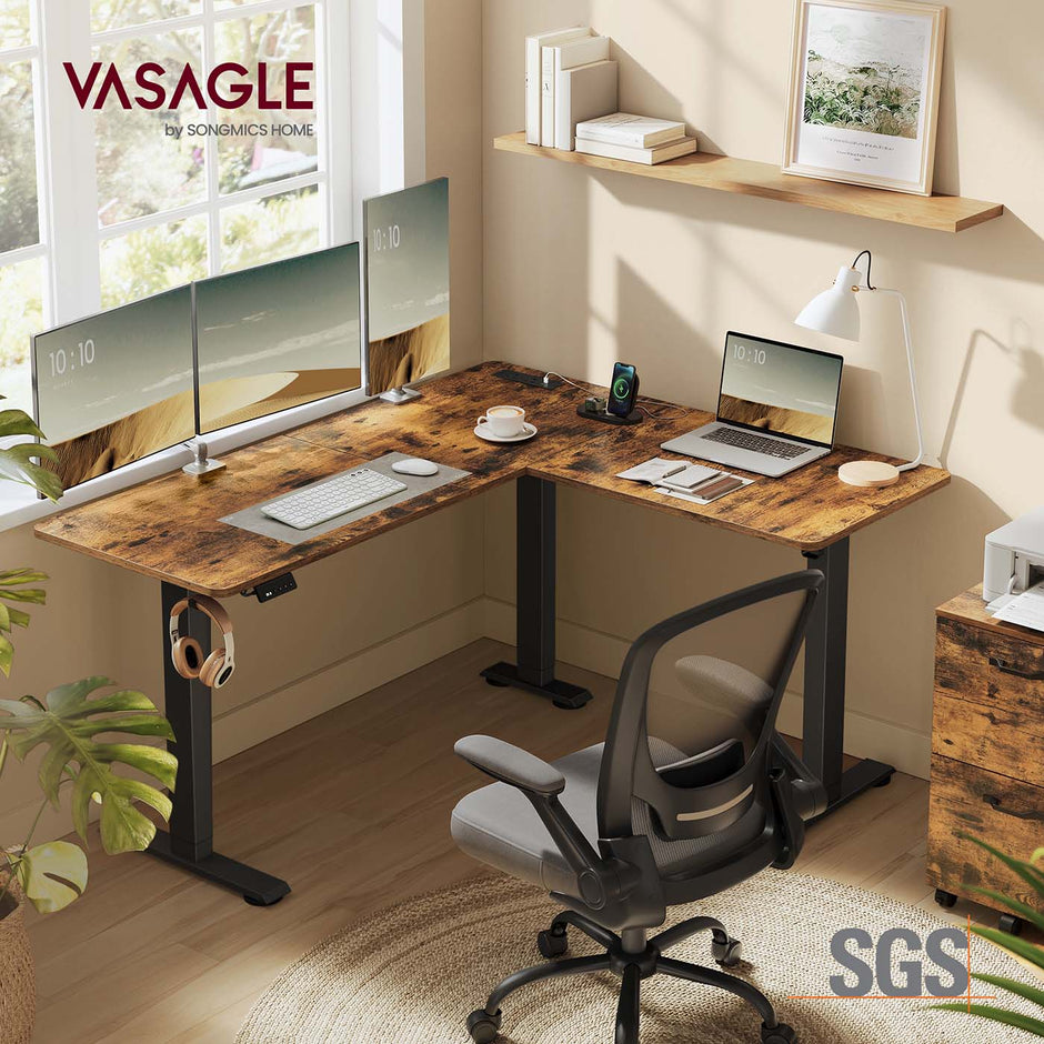 L-Shaped Electric Desk – Wood – Rustic Brown and Ink Black – Height-Adjustable with Charging Station and Memory Function