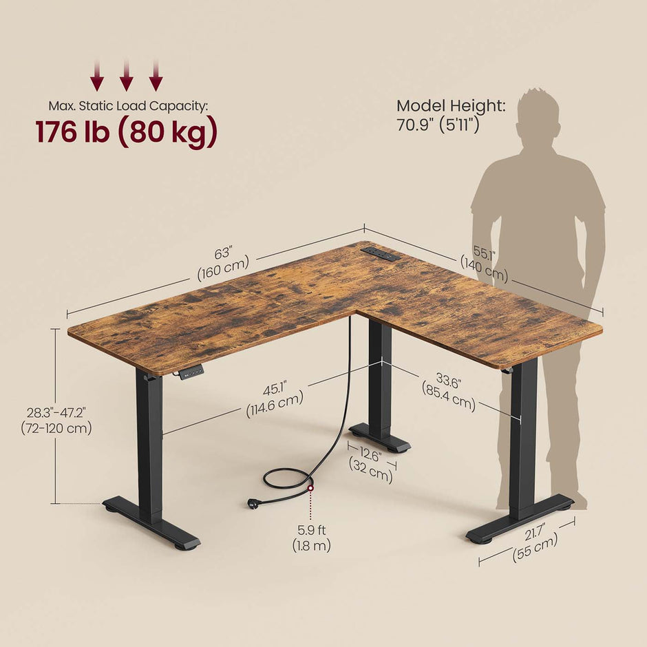L-Shaped Electric Desk – Wood – Rustic Brown and Ink Black – Height-Adjustable with Charging Station and Memory Function