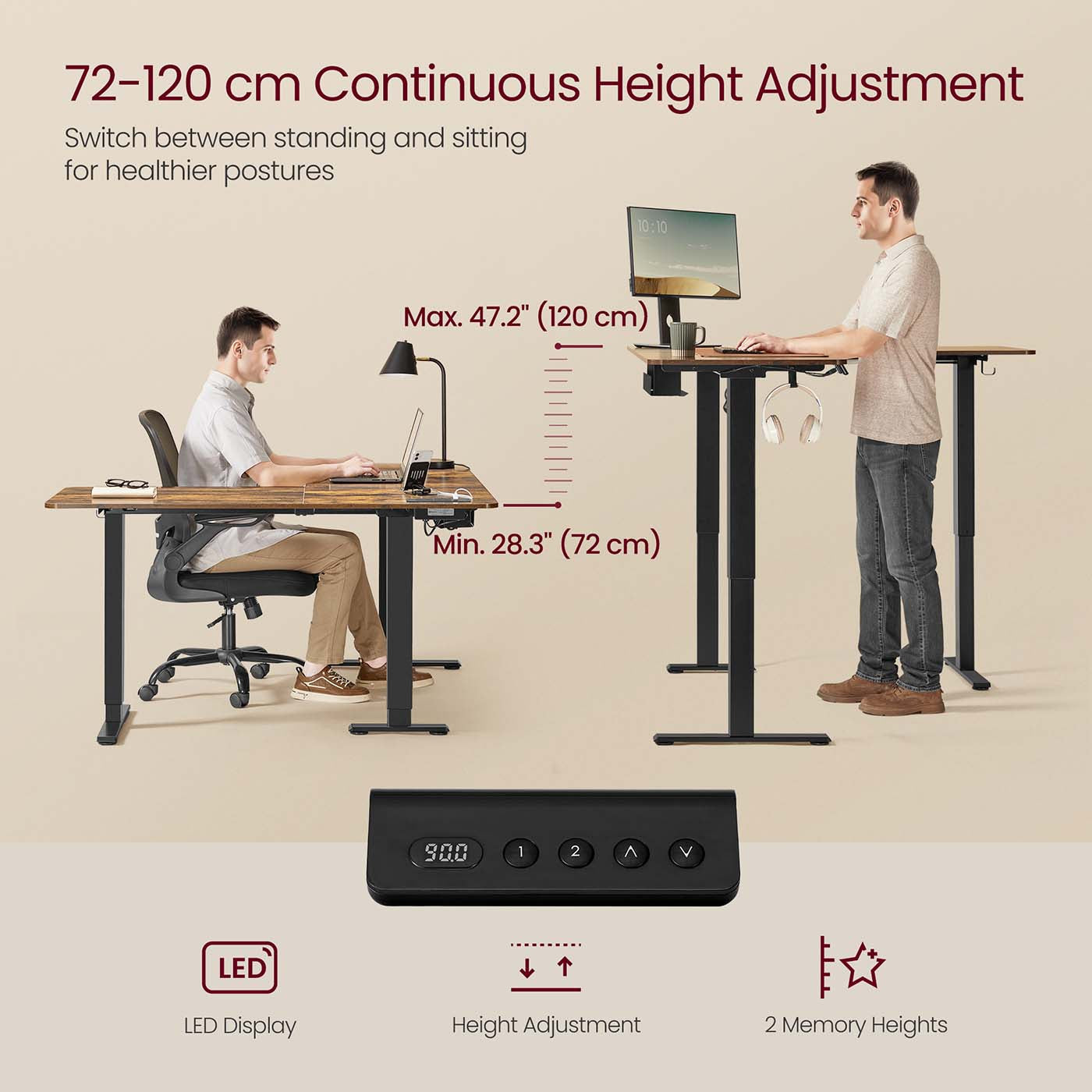 L-Shaped Electric Desk – Wood – Rustic Brown and Ink Black – Height-Adjustable with Charging Station and Memory Function
