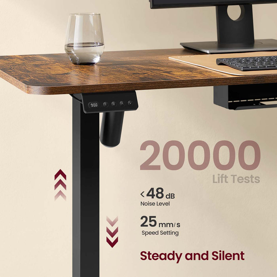 L-Shaped Electric Desk – Wood – Rustic Brown and Ink Black – Height-Adjustable with Charging Station and Memory Function