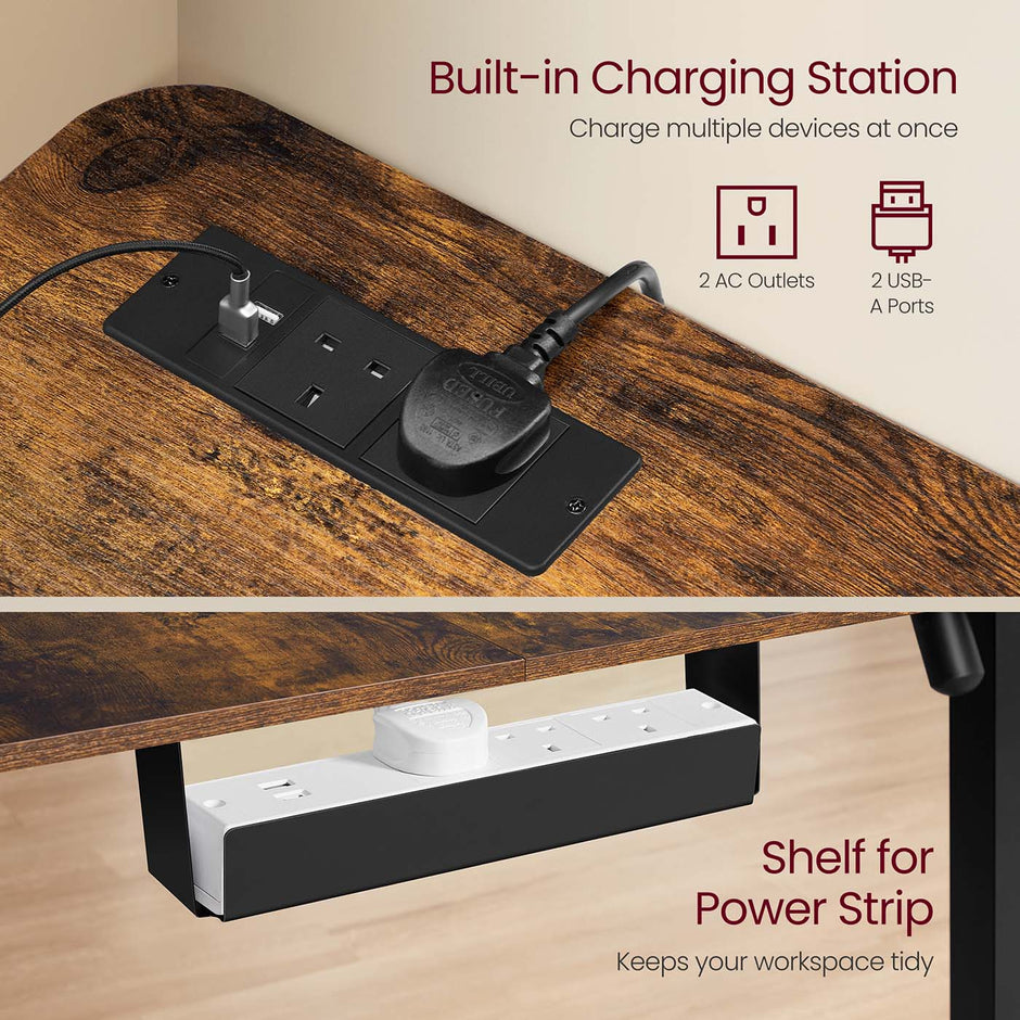 L-Shaped Electric Desk – Wood – Rustic Brown and Ink Black – Height-Adjustable with Charging Station and Memory Function