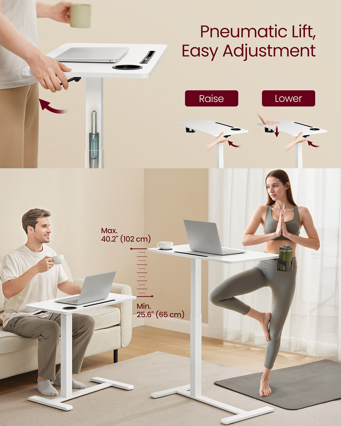 Overbed Table – Wood – Cloud White – Adjustable Height with Wheels and Device Slots