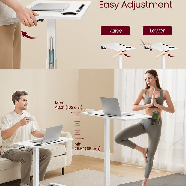 Overbed Table – Wood – Cloud White – Adjustable Height with Wheels and Device Slots
