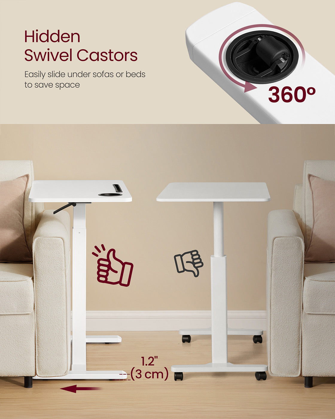 Overbed Table – Wood – Cloud White – Adjustable Height with Wheels and Device Slots