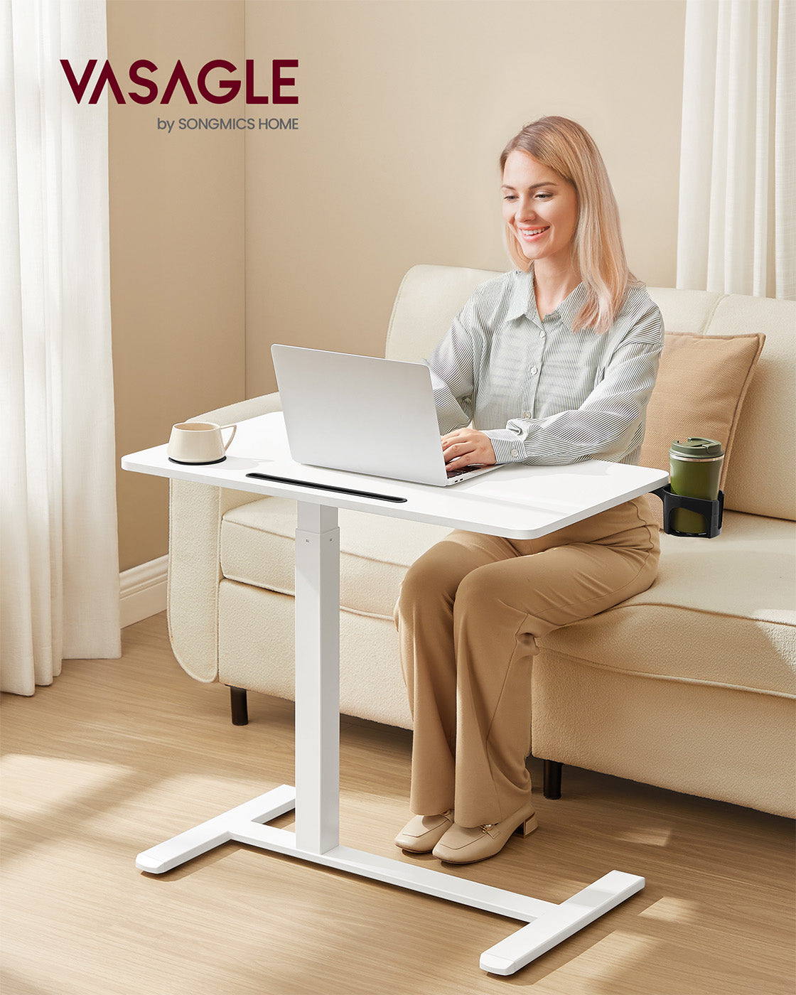 Overbed Table – Wood – Cloud White – Adjustable Height with Wheels and Device Slots