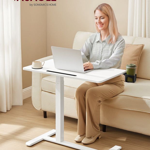 Overbed Table – Wood – Cloud White – Adjustable Height with Wheels and Device Slots
