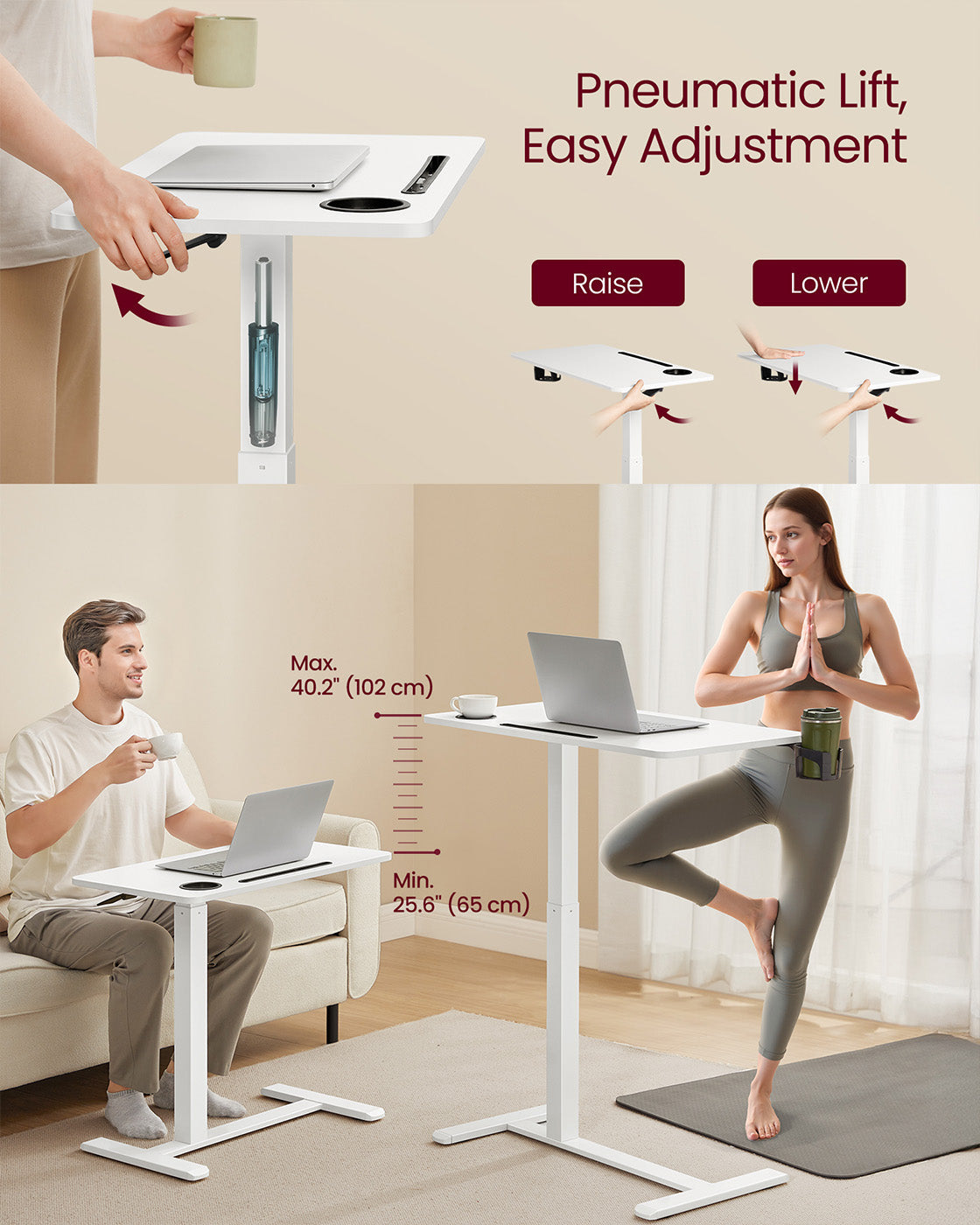 Overbed Table – Wood – Cloud White – Adjustable Height with Wheels and Device Slots