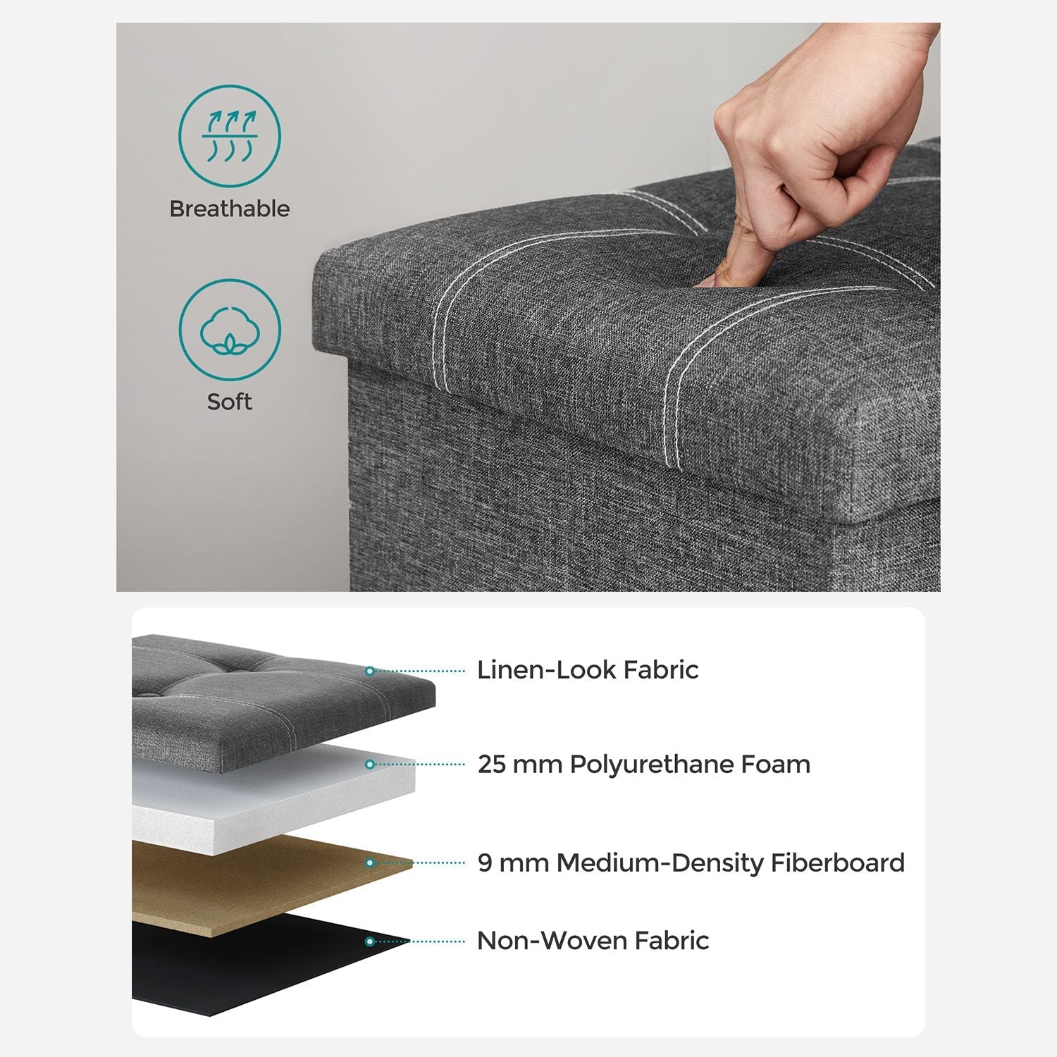 Storage Ottoman – Linen-Look Fabric – Dark Grey – 80L Capacity, Foldable Design