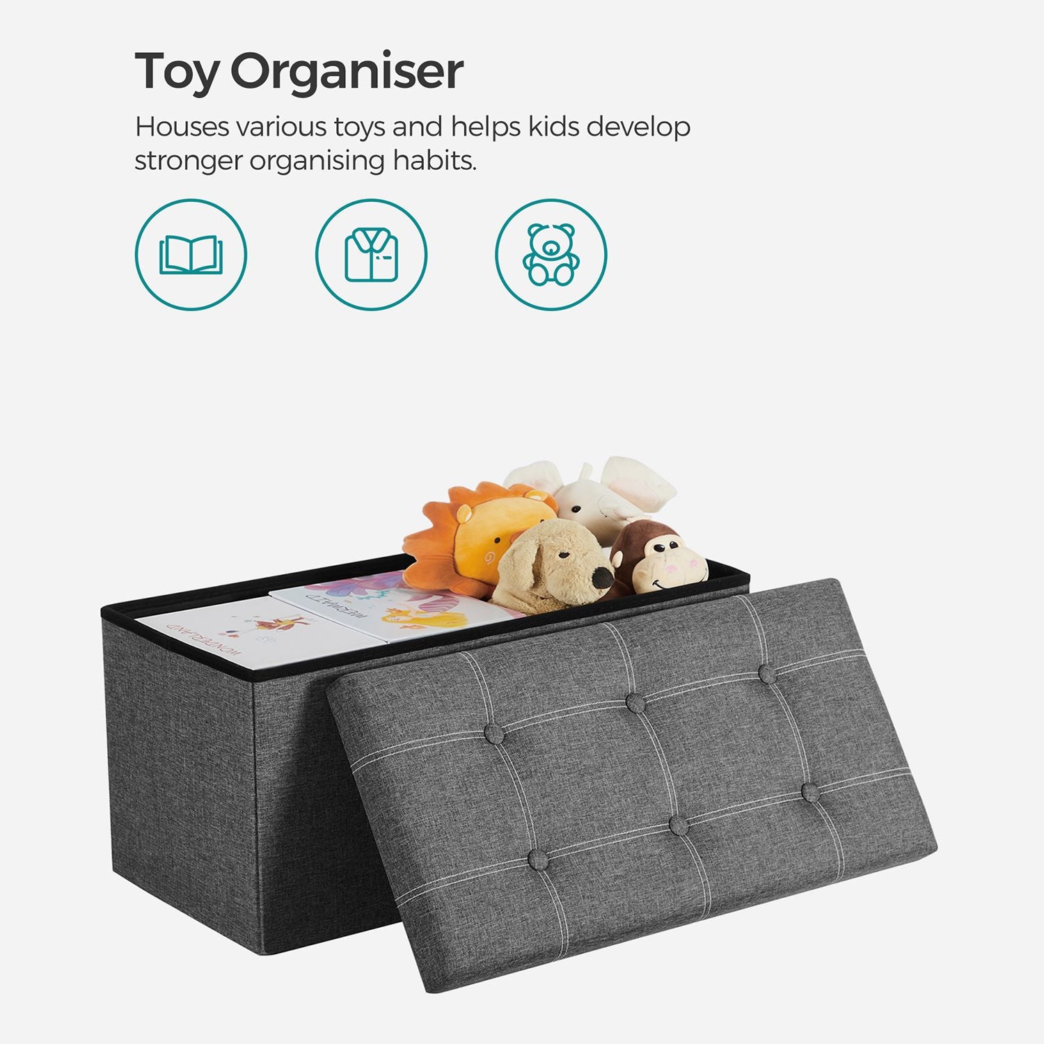 Storage Ottoman – Linen-Look Fabric – Dark Grey – 80L Capacity, Foldable Design