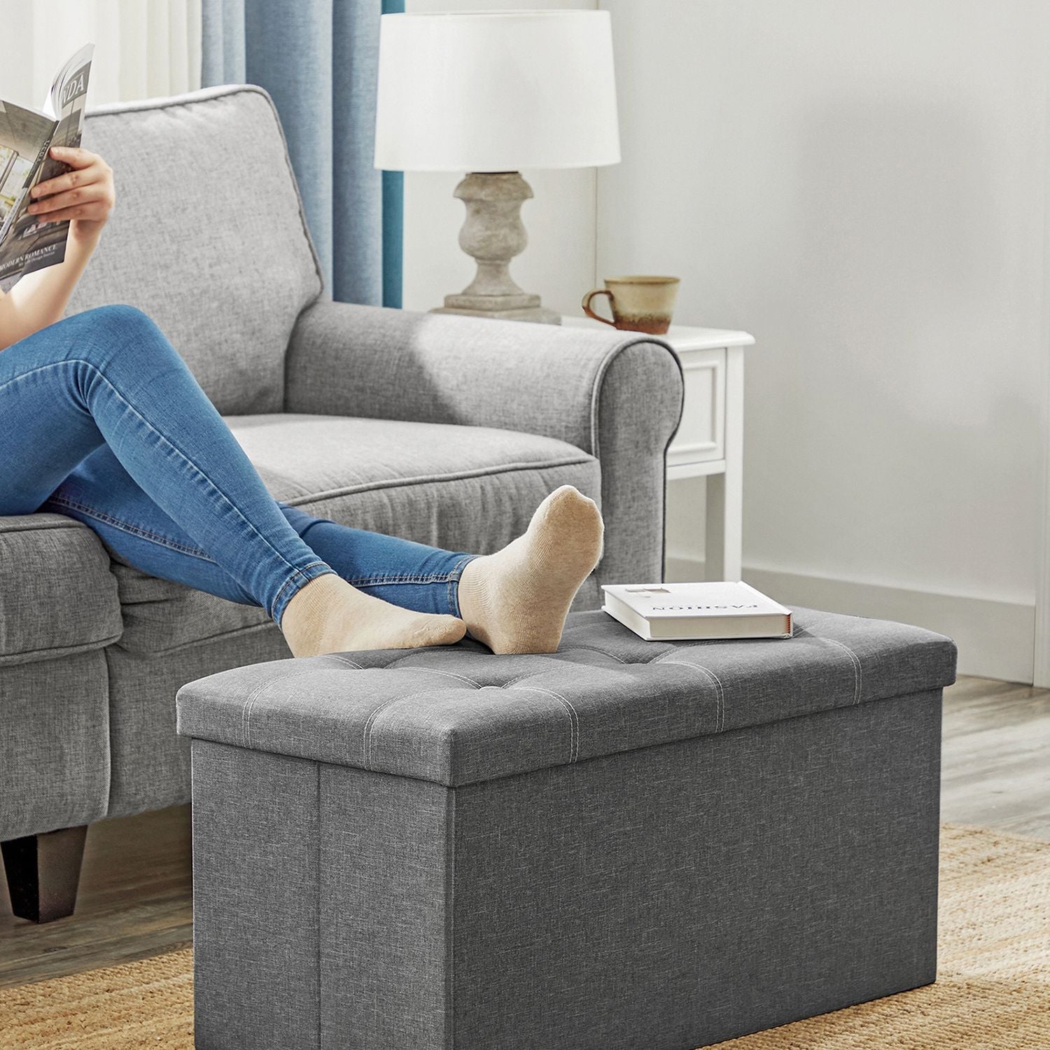 Storage Ottoman – Linen-Look Fabric – Dark Grey – 80L Capacity, Foldable Design