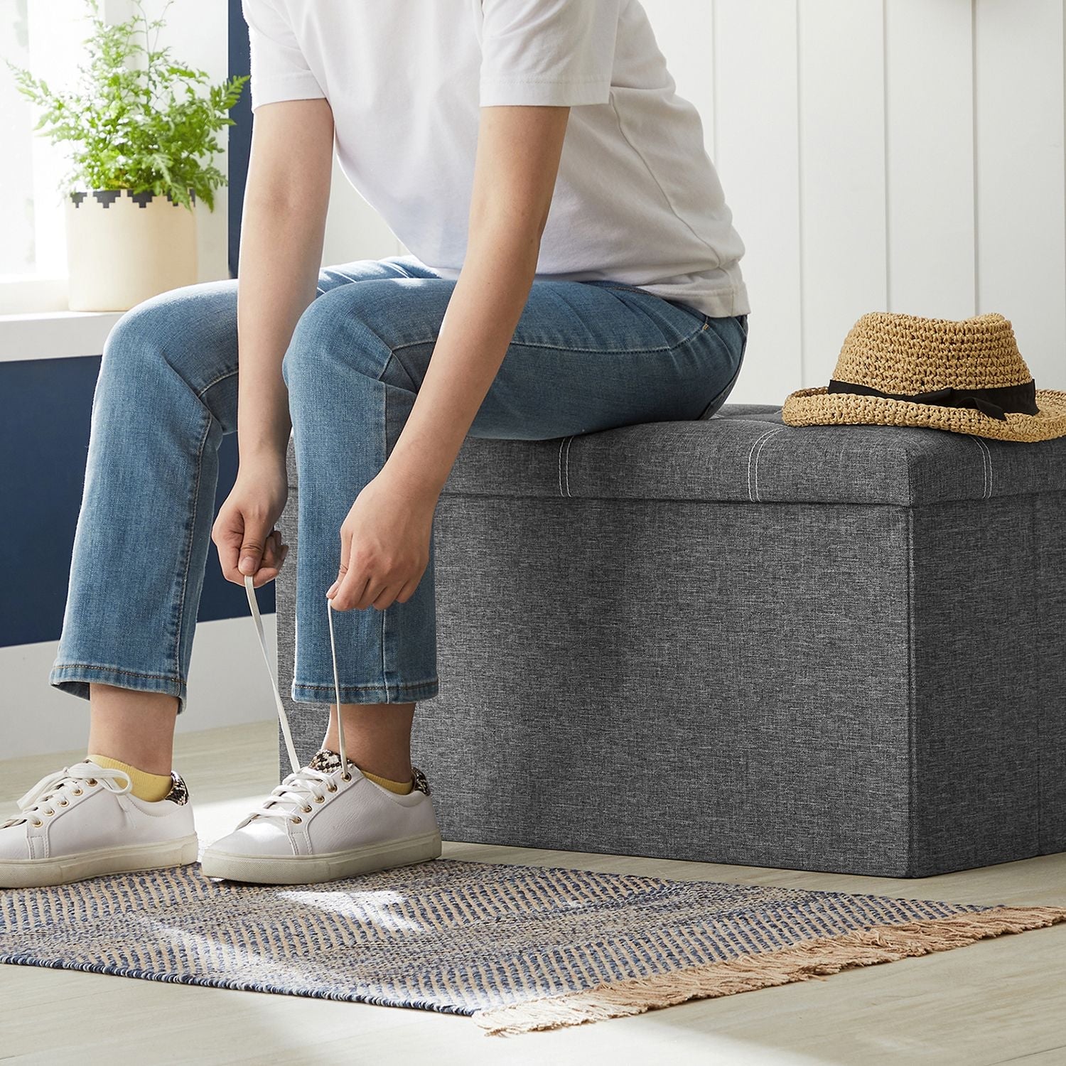 Storage Ottoman – Linen-Look Fabric – Dark Grey – 80L Capacity, Foldable Design