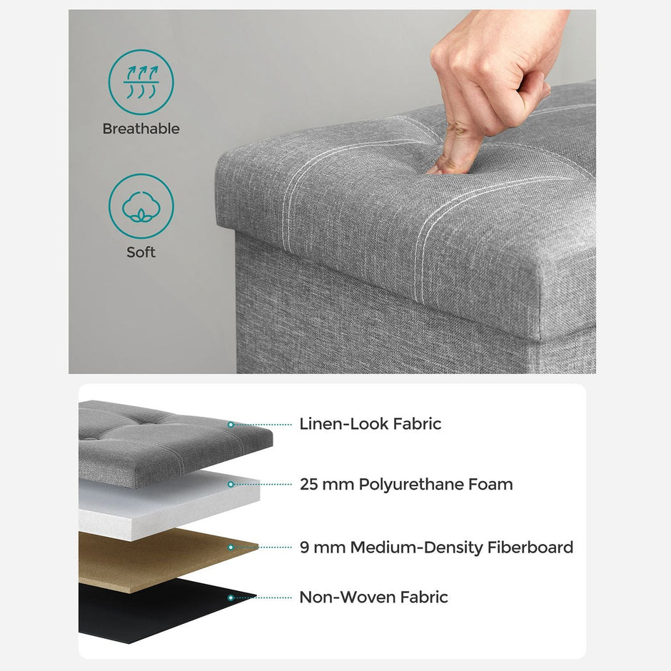 Storage Ottoman – Linen-Look Fabric – Light Grey – 80L Capacity, 300 kg Weight Limit