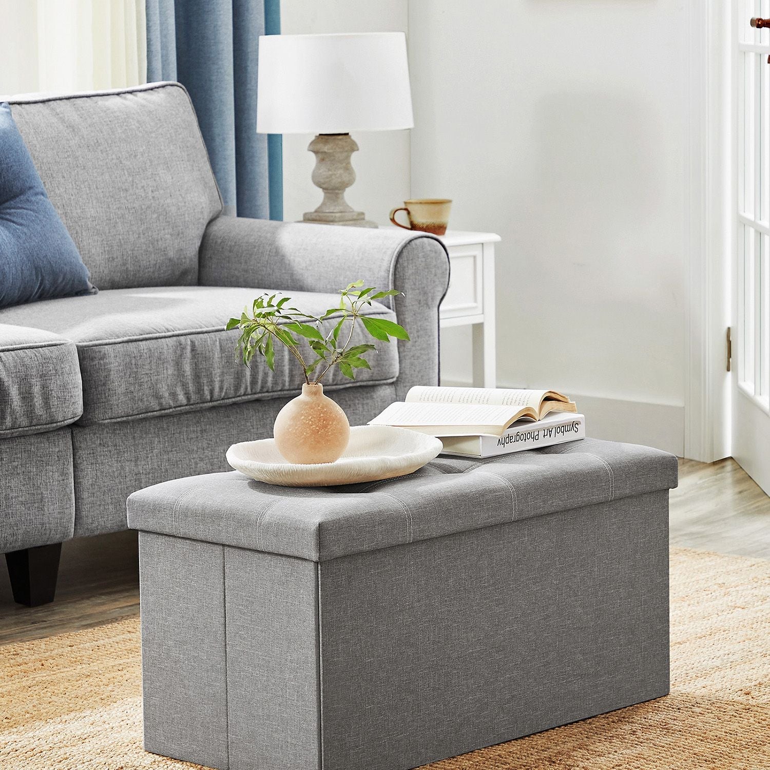 Storage Ottoman – Linen-Look Fabric – Light Grey – 80L Capacity, 300 kg Weight Limit