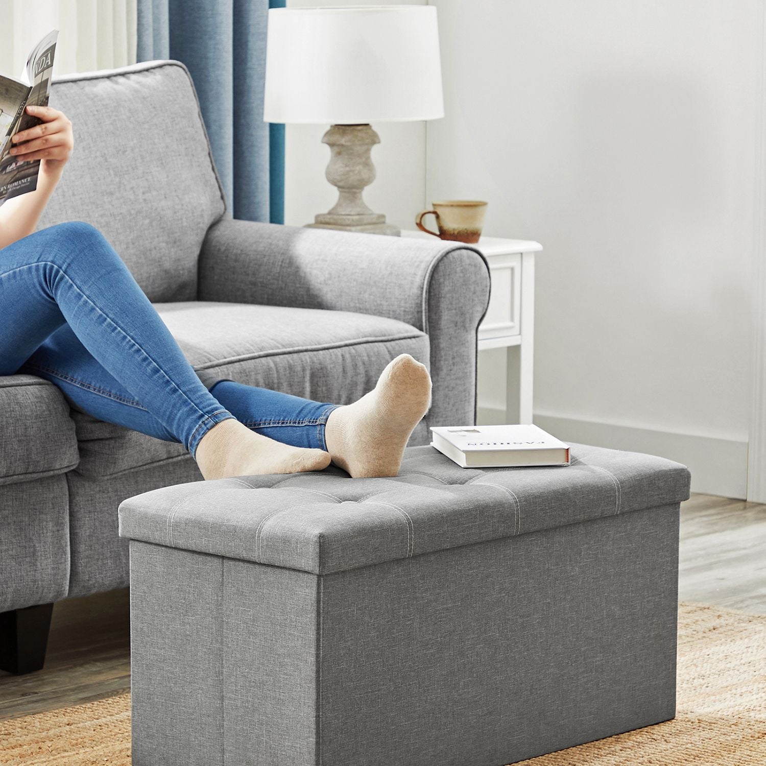 Storage Ottoman – Linen-Look Fabric – Light Grey – 80L Capacity, 300 kg Weight Limit