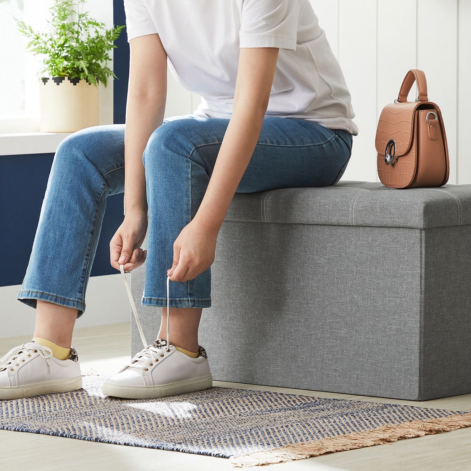 Storage Ottoman – Linen-Look Fabric – Light Grey – 80L Capacity, 300 kg Weight Limit