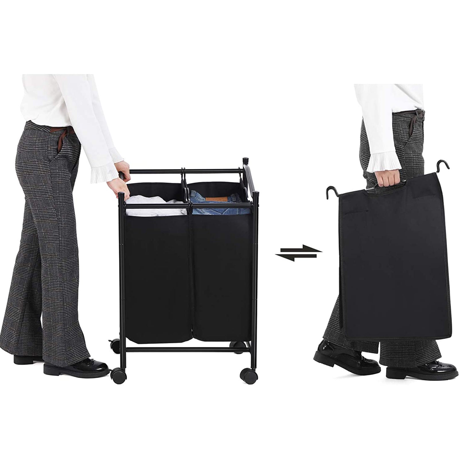 Laundry Hamper – Fabric – Grey – Rolling with 2 Removable Sorter Bags