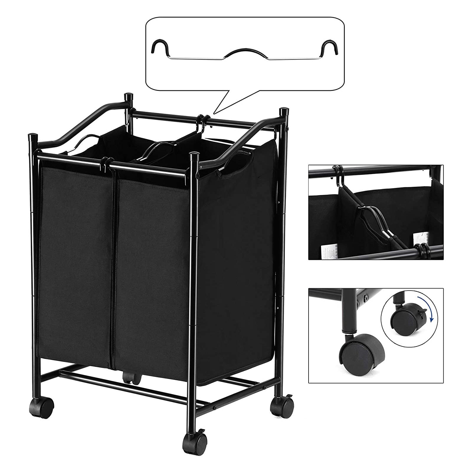 Laundry Hamper – Fabric – Grey – Rolling with 2 Removable Sorter Bags