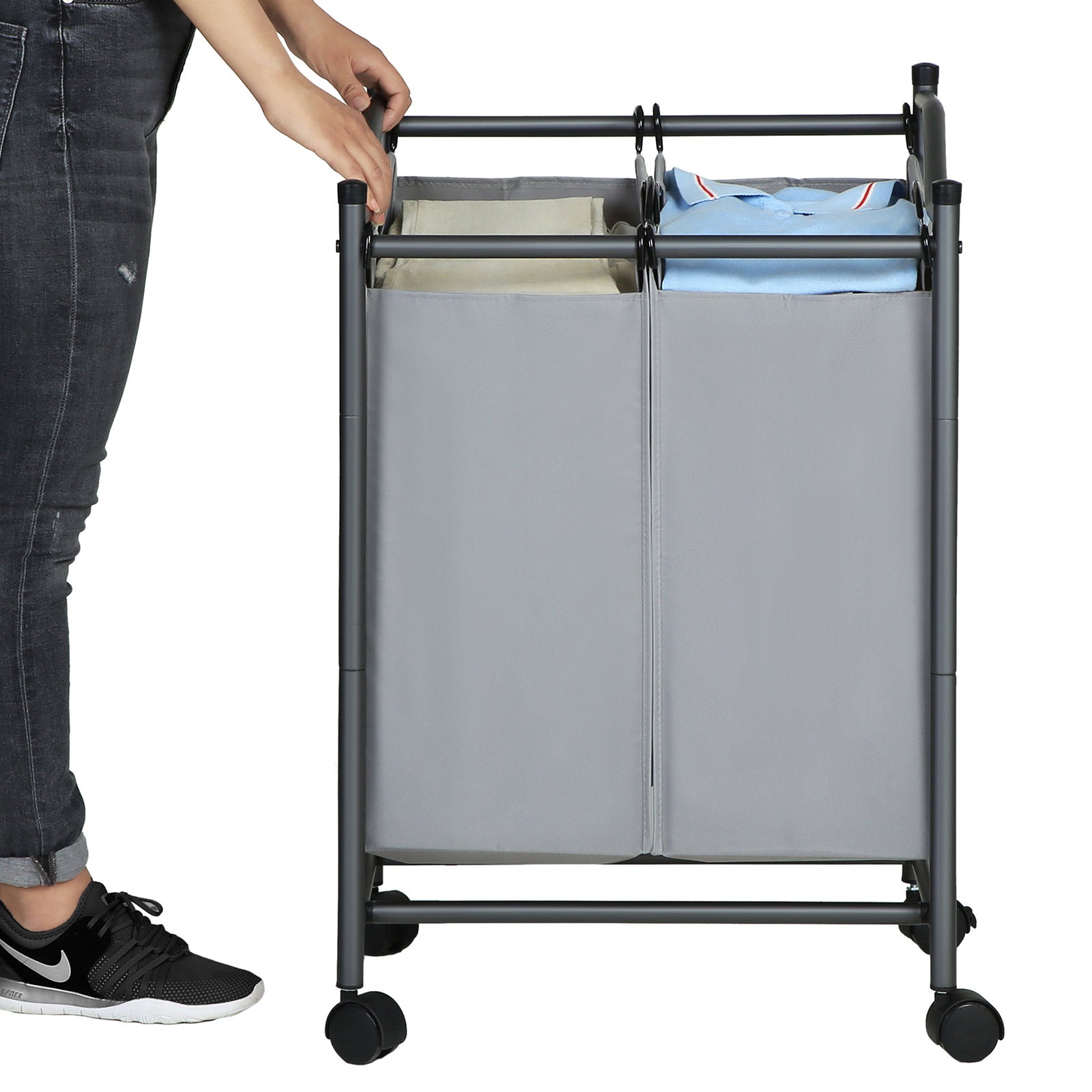 Laundry Cart – Fabric – Gray – Sturdy Design with 2 Removable Bags