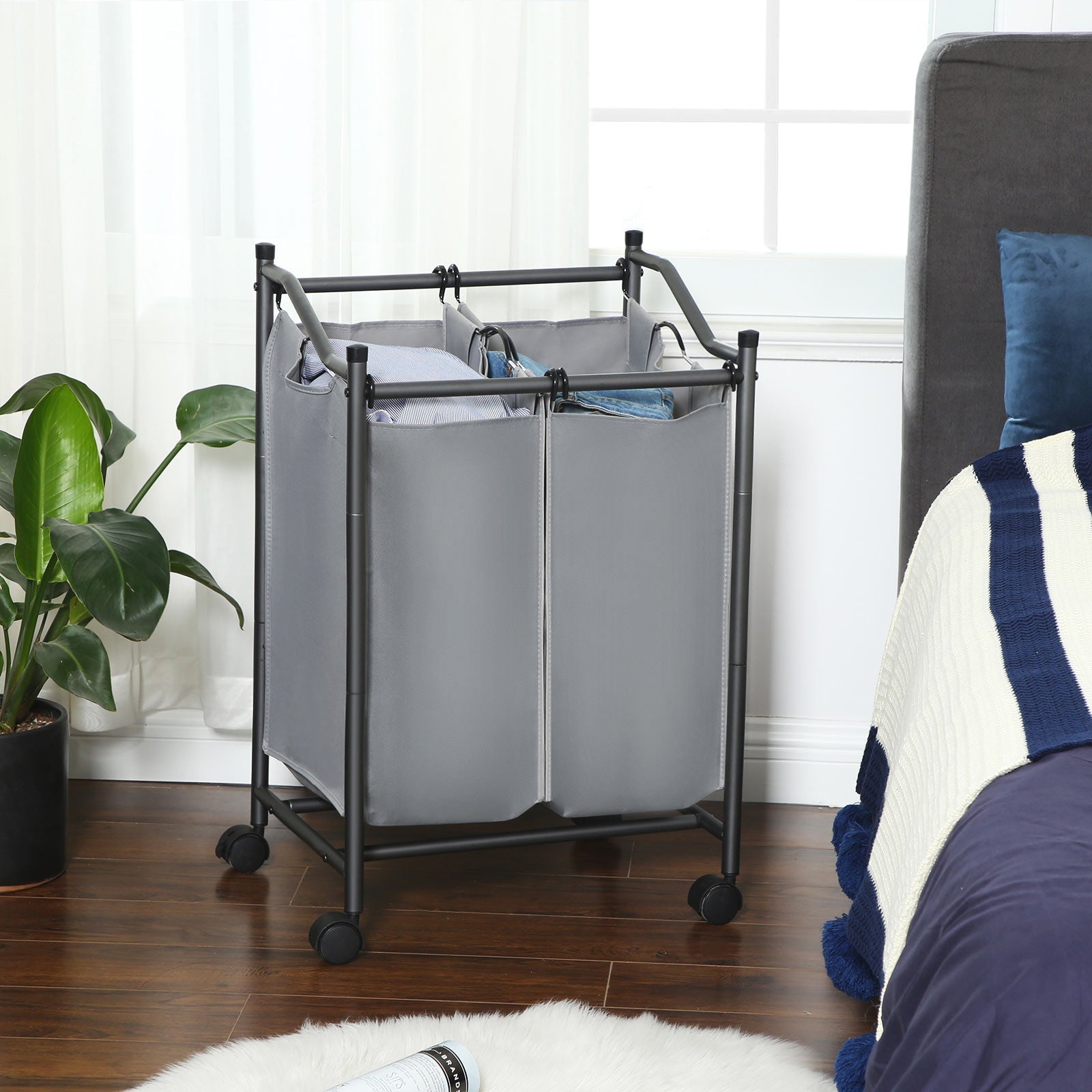 Laundry Cart – Fabric – Gray – Sturdy Design with 2 Removable Bags