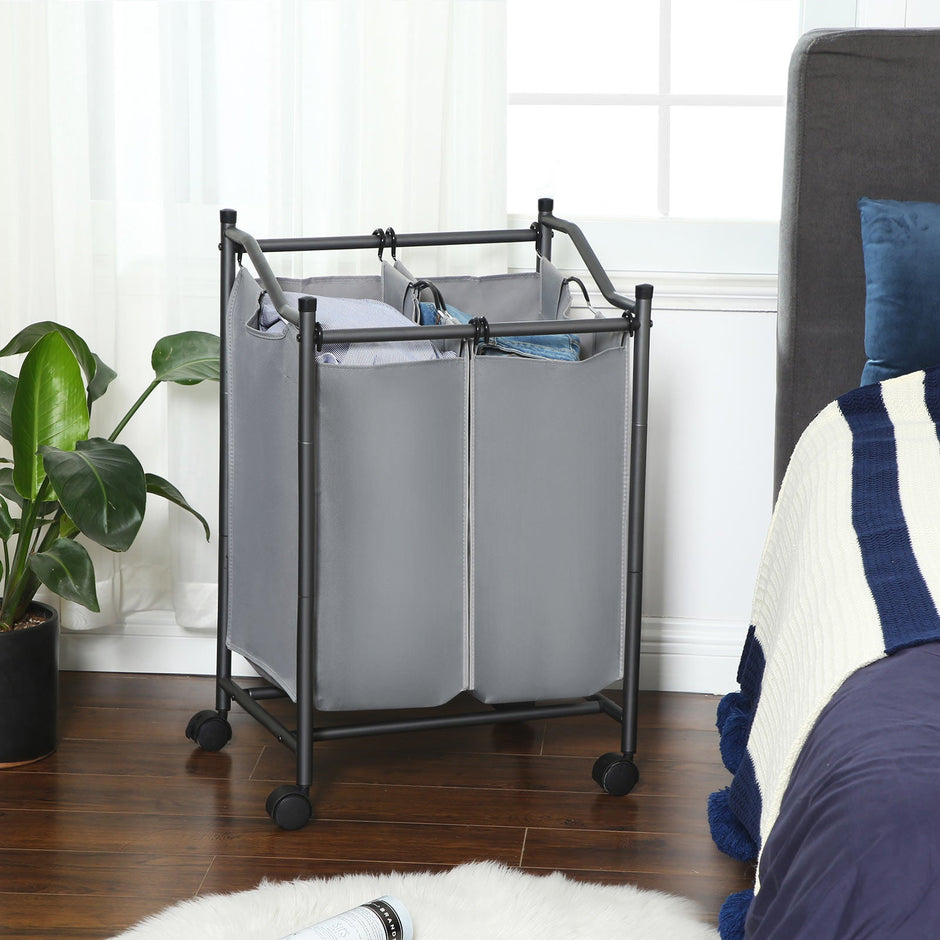Laundry Cart – Fabric – Gray – Sturdy Design with 2 Removable Bags