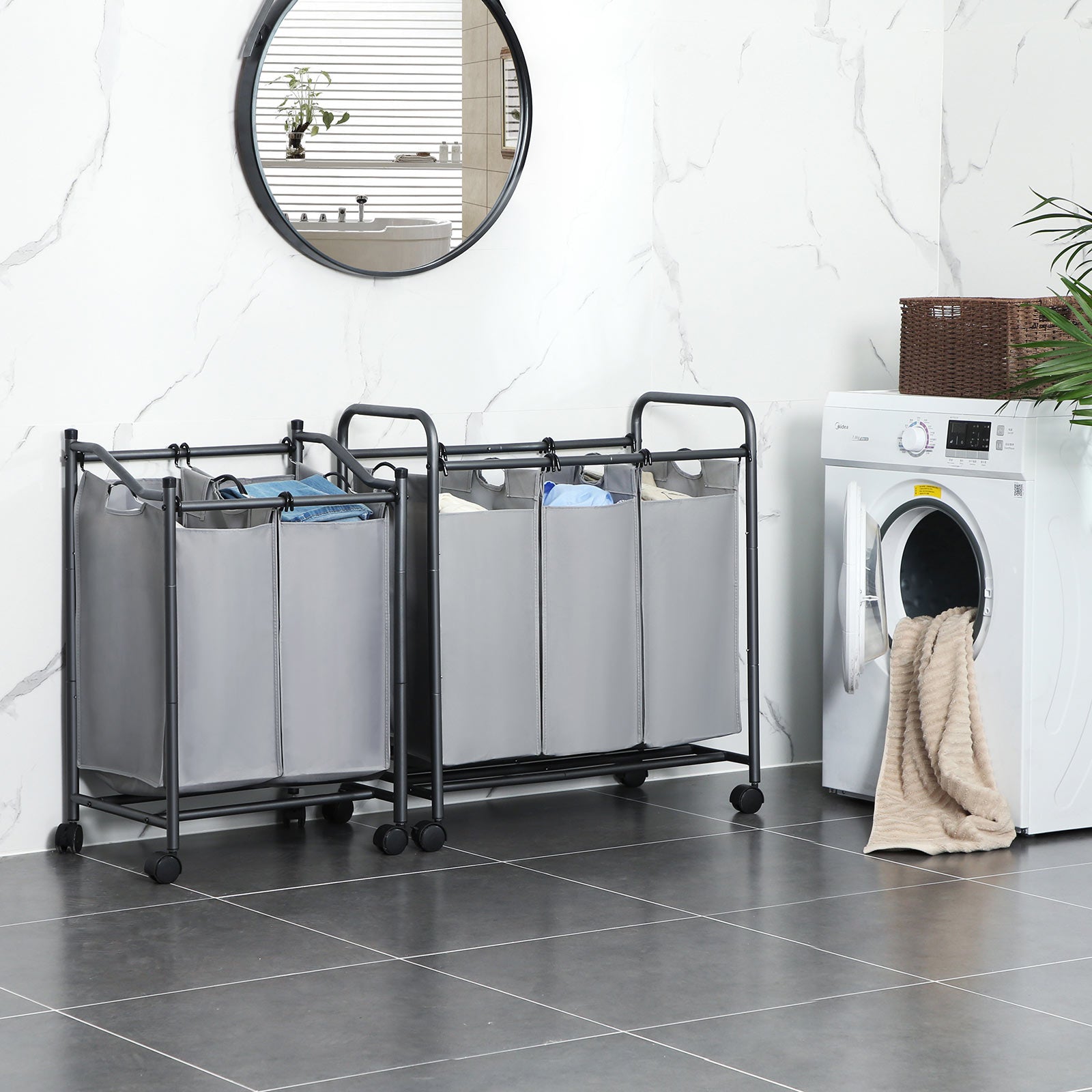 Laundry Cart – Fabric – Gray – Sturdy Design with 2 Removable Bags