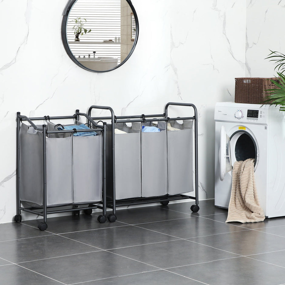 Laundry Cart – Fabric – Gray – Sturdy Design with 2 Removable Bags
