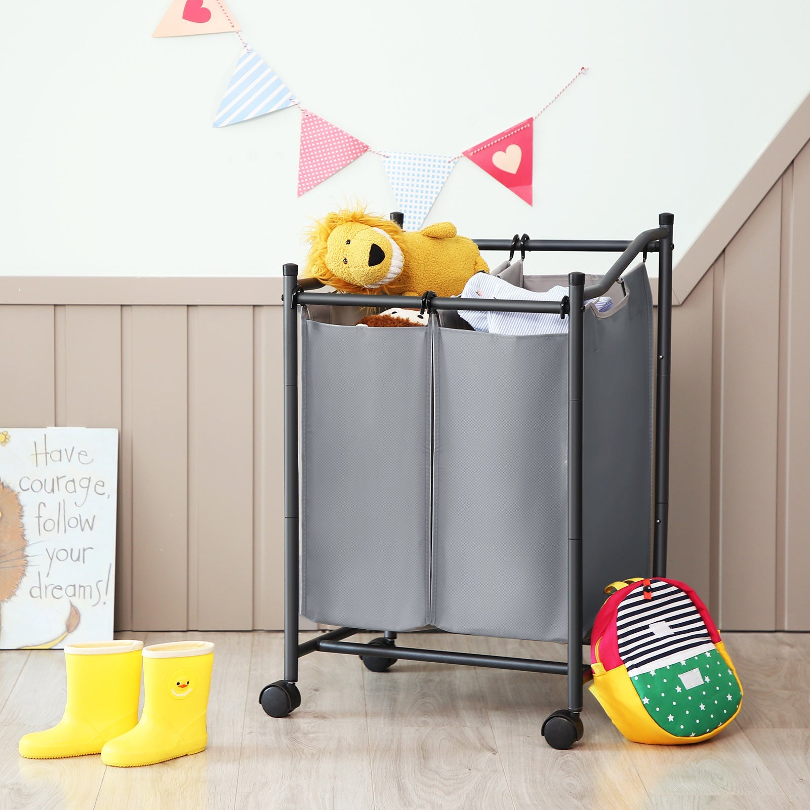 Laundry Cart – Fabric – Gray – Sturdy Design with 2 Removable Bags