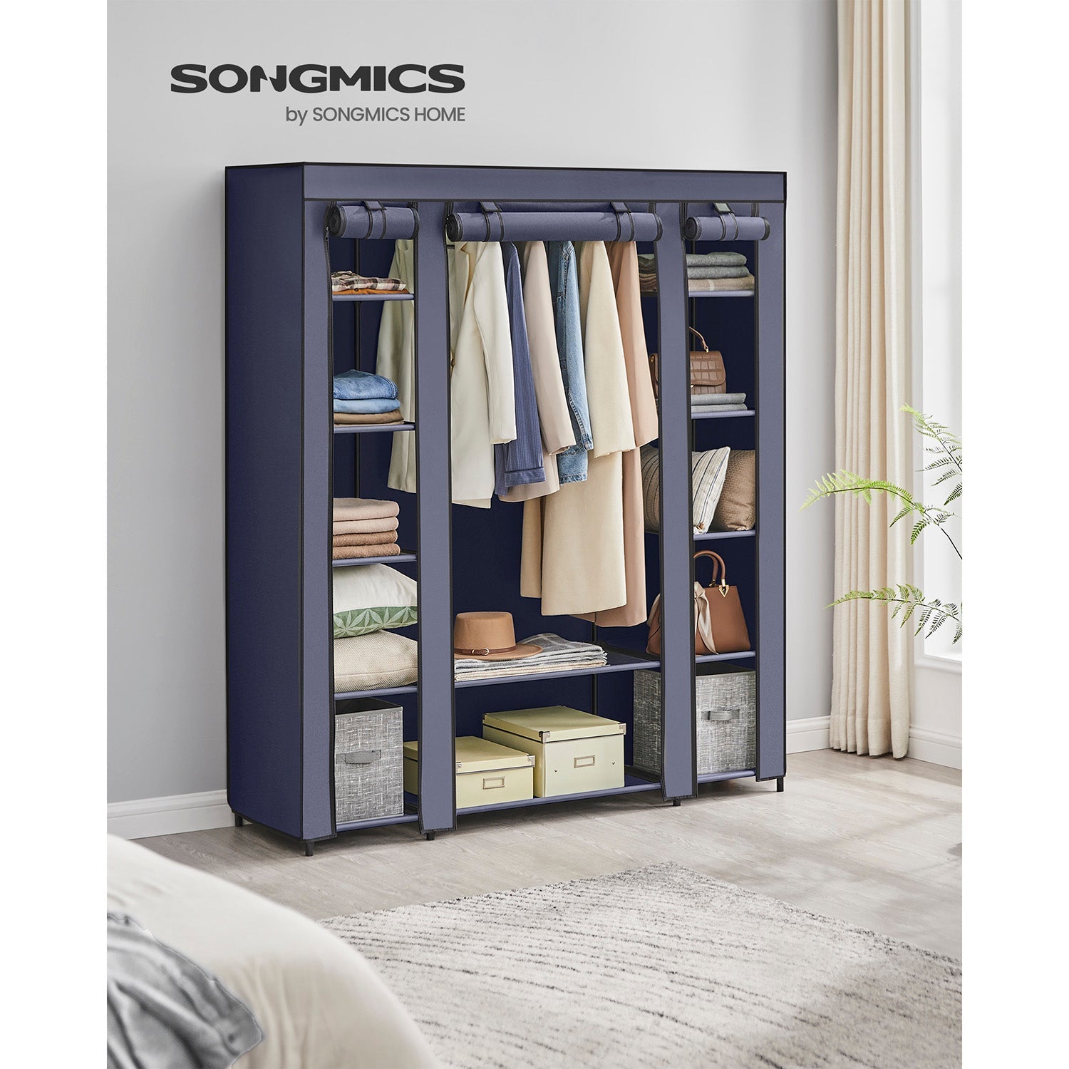 Fabric Wardrobe – Canvas – Navy Blue – 12 Shelves and Clothes Hanging Rail