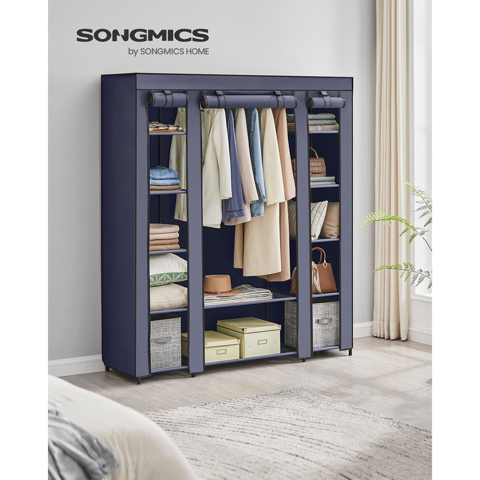 Fabric Wardrobe – Canvas – Navy Blue – 12 Shelves and Clothes Hanging Rail